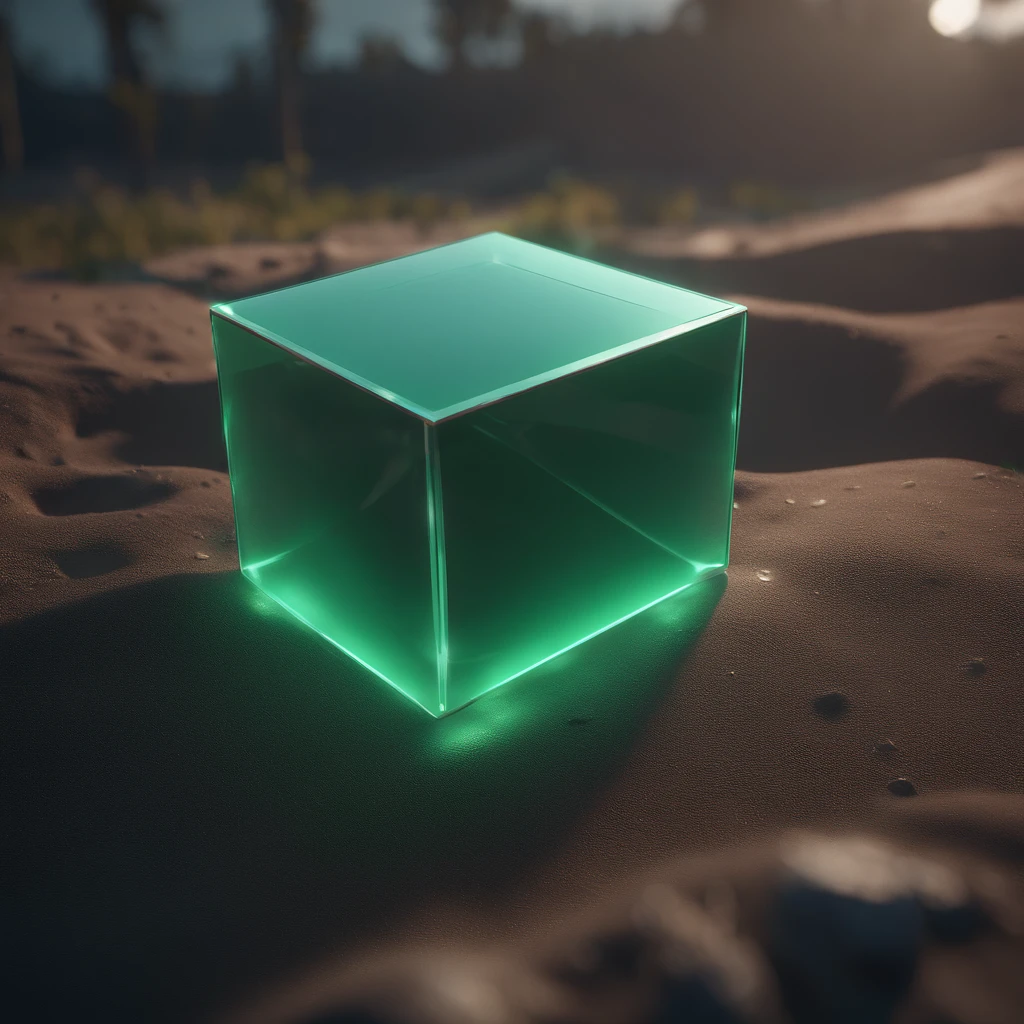 concept art of a light green clear glowing cube on the ground, beautiful realistic atmosphere, environment, detailed, realistic, concept art, unreal engine 5, structure, sci-fi, ray tracing, CGI, perfect visuals, lighting, smooth, movie, screen-space reflections, ambient occlusion, scenes, aesthetics, bloom, shadows, perfectly drawn, textures, cinematic, sharp edges, hdr effect, blender 3d, asset library, art station, realism, retro-futurism, 90s, 80s, vintage effect, vaporwave, chillwave, close up, ground material is white, synthwave, retro wave,