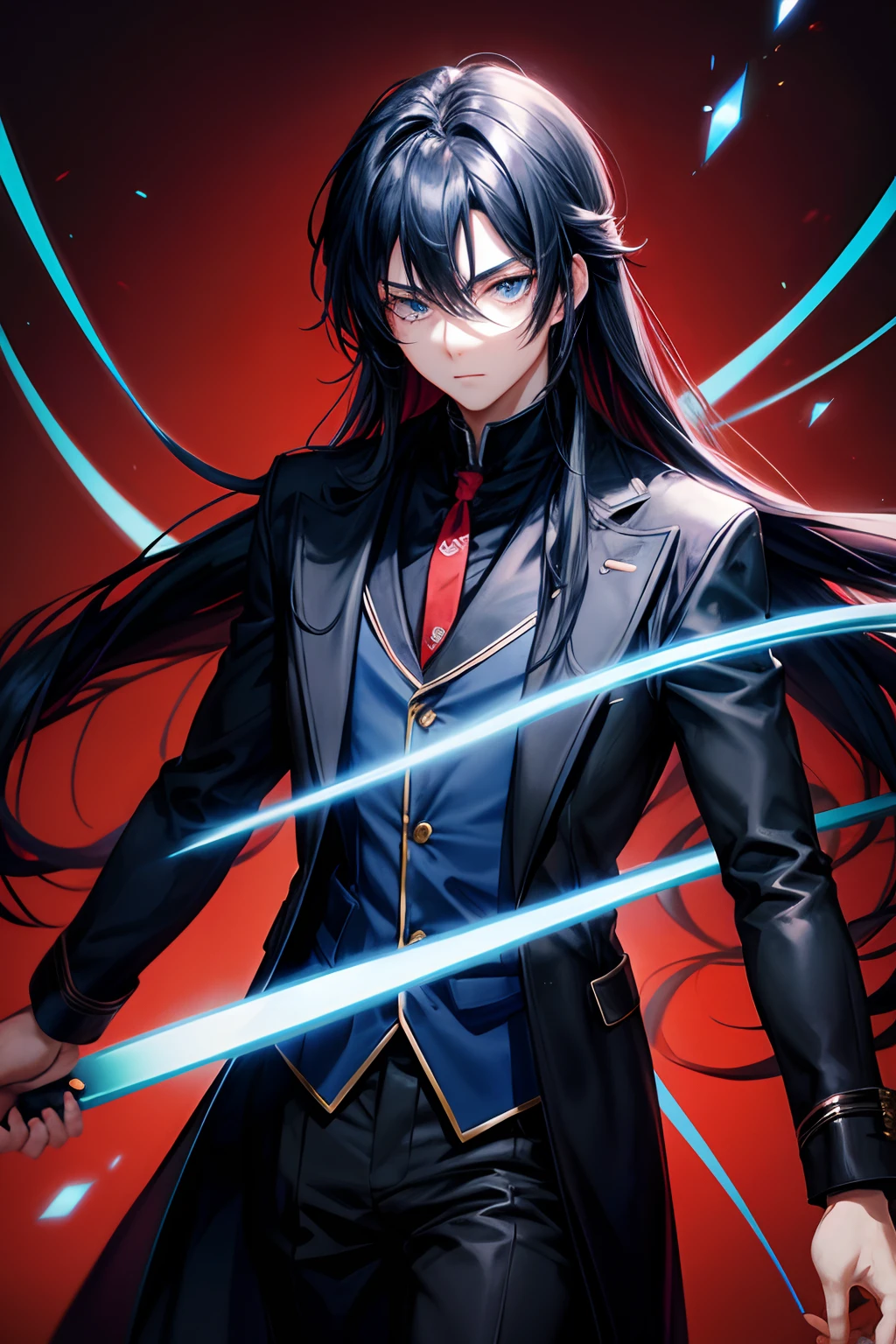 anime eyes, a young man, blue long hair, black overcoat, red background