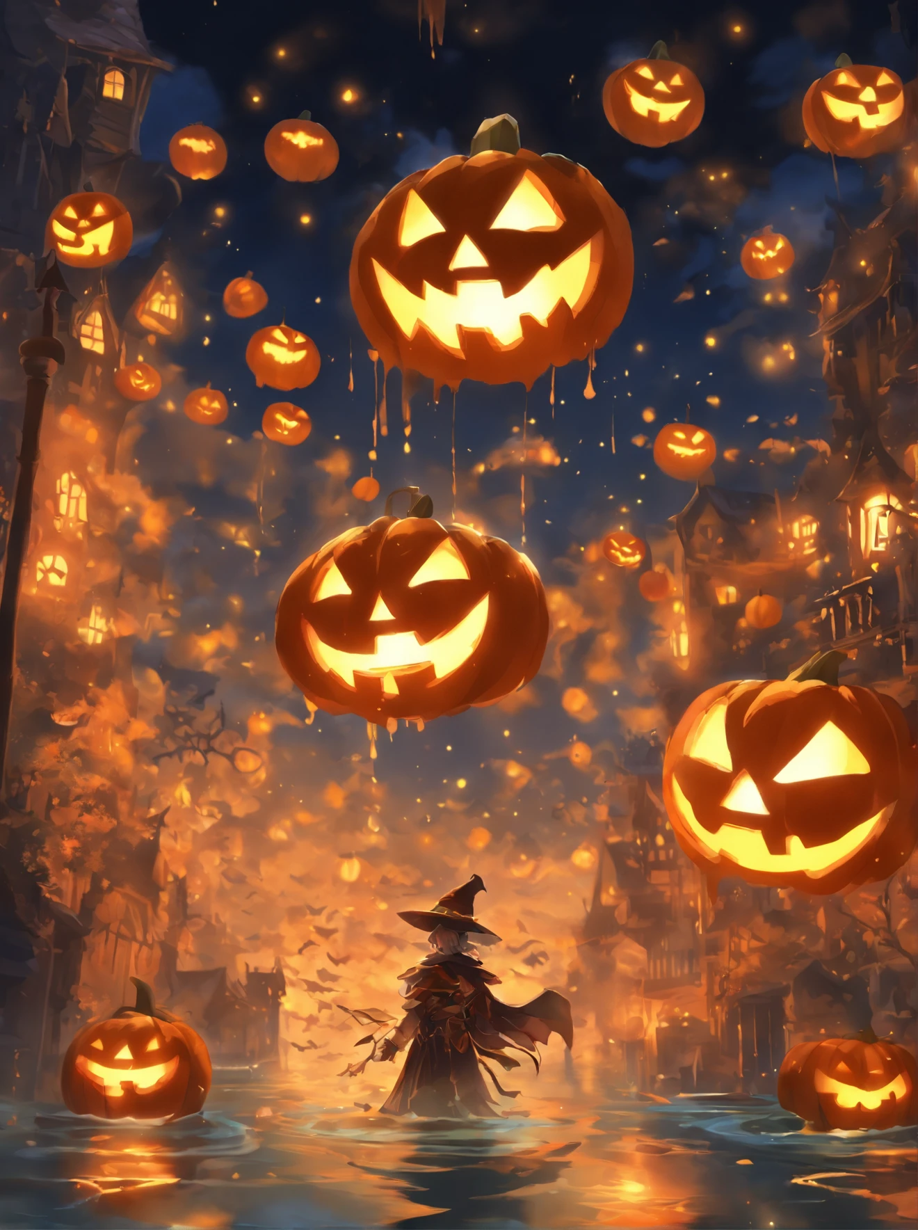 Halloween Floating Lights, Cinematographic light and reflection, glowing lights, Intermediate elements of the metaverse,digital painting, reflets brillants, Reflect, Halloween Jack-o'-lantern, Nuit calme, digital illustration, Belle ambiance, Skylights at night, Quiet atmosphere in the evening, Jack-o'-lantern, Halloween, La nuit, Thémon, The game scene, Halloween, Surrounded by clouds, Buildings in medieval Europe, Enamelled tiles, UE, Des couleurs magnifiqUEs, Il y a trois arches au premier plan((encre de couleur)), ( (Splash the ink ) ), ((Splash the ink) Inky})), tmasterpiece, High career, De beaux graphismes, high details,magnifiqUE
