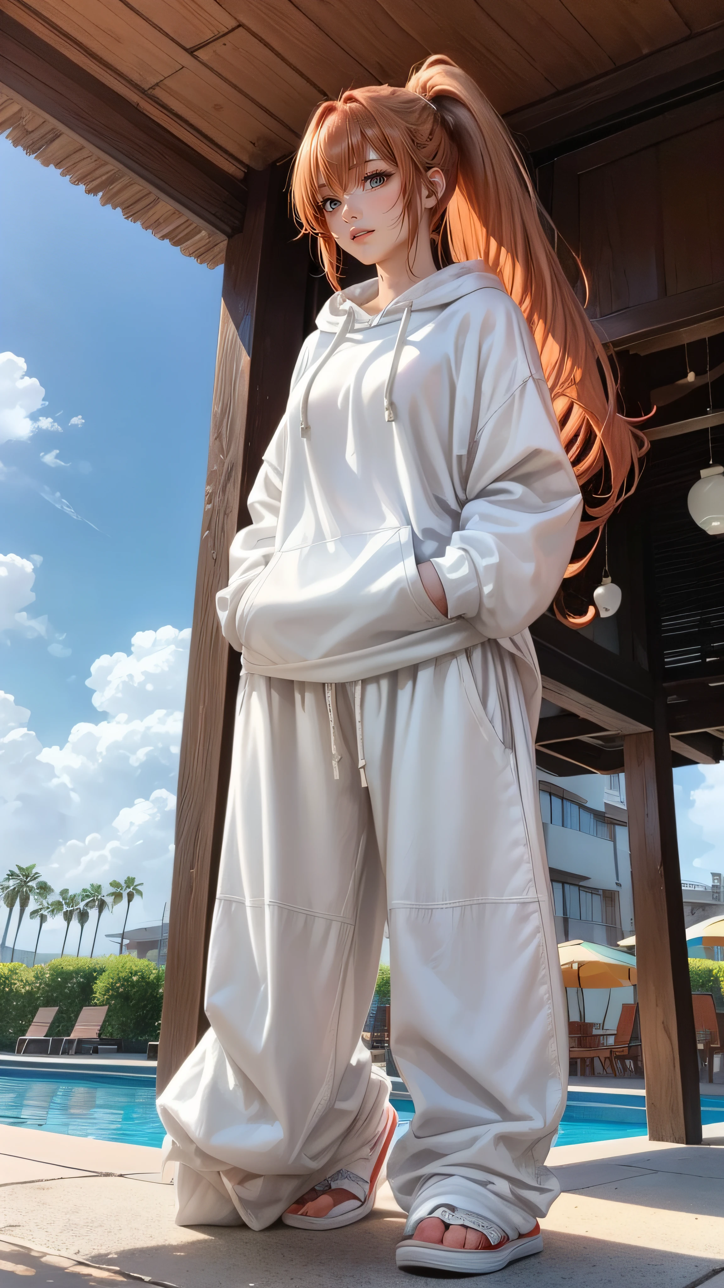 (from below:1.2),(porn image,female masturbation),((1girl:1.5),beautiful breasts,(large breasts),pale skin,erect nipples),((realistic),high resolution,best quality,masterpiece,(Sense of presence),((Dynamic,bold)))),((extra long High ponytail),(straight hair),Swept bangs,(extra light coppery red hair),(hair over one eye),hair blowing in the wind),(pool side,sunlight),((clothed),baggy white pullover hoodie,baggy pants),(squatting,open legs)