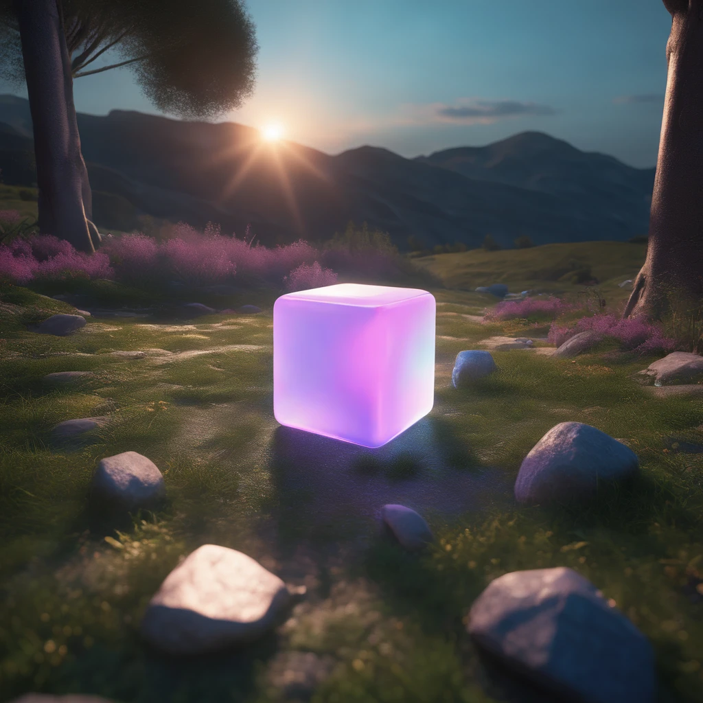 concept art of a opal clear glowing cube on the ground, beautiful realistic atmosphere, environment, detailed, realistic, concept art, unreal engine 5, structure, sci-fi, ray tracing, CGI, perfect visuals, lighting, smooth, movie, screen-space reflections, ambient occlusion, scenes, aesthetics, bloom, shadows, perfectly drawn, textures, cinematic, sharp edges, hdr effect, blender 3d, asset library, art station, realism, retro-futurism, 90s, 80s, vintage effect, vaporwave, chillwave, close up, ground material is white, synthwave, retro wave,