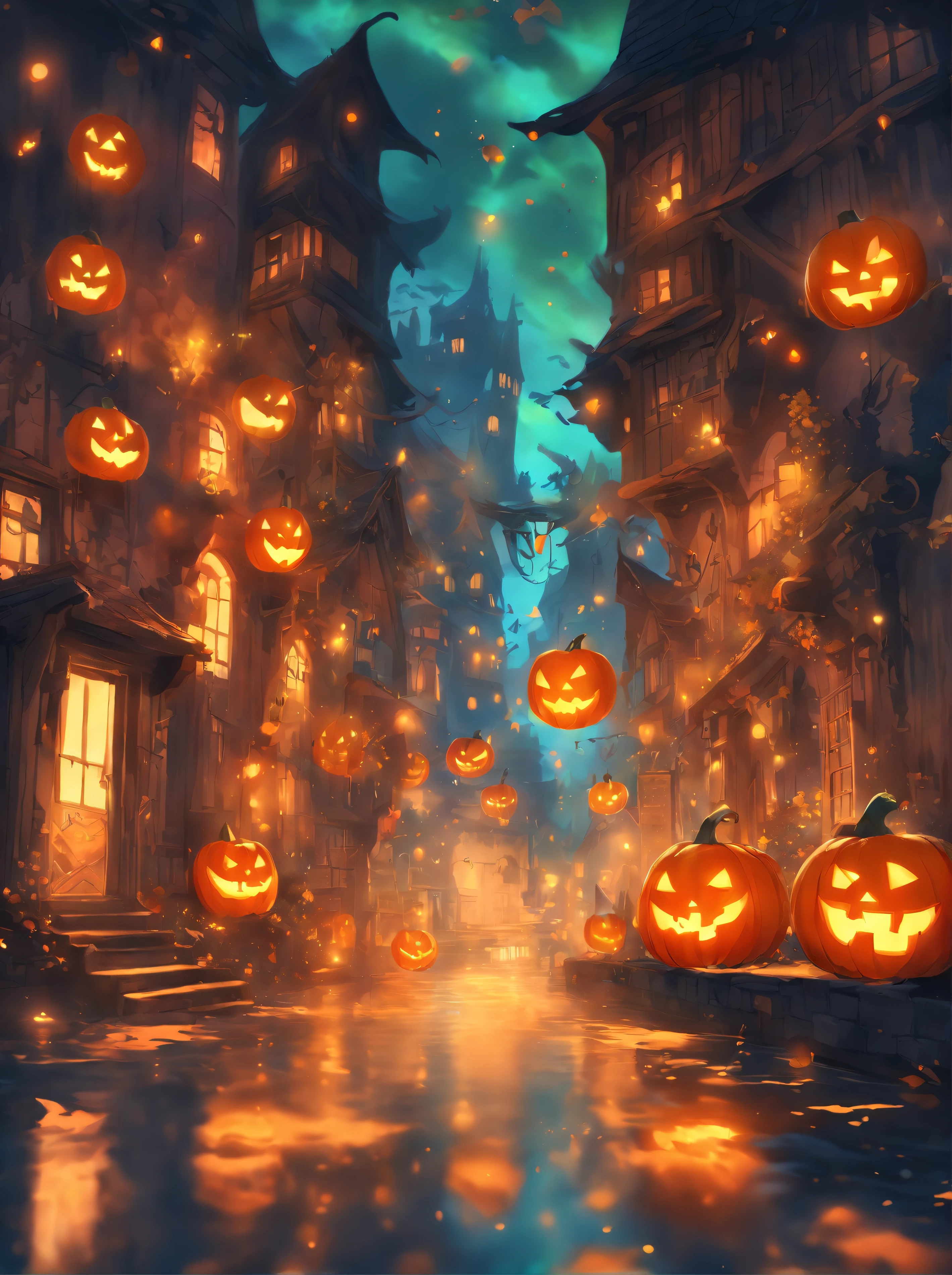 Halloween Floating Lights, Cinematographic light and reflection, glowing lights, Intermediate elements of the metaverse,digital painting, reflets brillants, Reflect, Halloween Jack-o'-lantern, Nuit calme, digital illustration, Belle ambiance, Skylights at night, Quiet atmosphere in the evening, Jack-o'-lantern, Halloween, La nuit, Thémon, The game scene, Halloween, Surrounded by clouds, Buildings in medieval Europe, Enamelled tiles, UE, Des couleurs magnifiqUEs, Il y a trois arches au premier plan((encre de couleur)), ( (Splash the ink ) ), ((Splash the ink) Inky})), tmasterpiece, High career, De beaux graphismes, high details,magnifiqUE