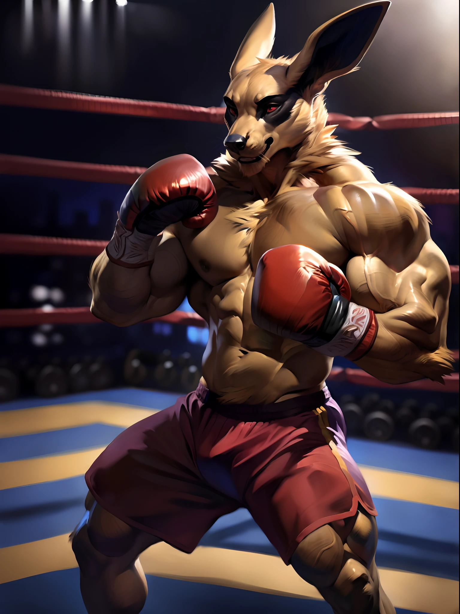 muscular anthro lora:kurama wearing boxing gloves. 4k, high resolution, best quality, perfect colors, perfect shadows, perfect lighting, posted on e621, furry body, solo, anthro kurama, body hair, older, male, adult, masculine, (heavily muscular, large muscles buff:1.2), bare torso, correct anatomy, (photorealistic fur, detailed fur, epic, masterpiece:1.2), (detailed gym background, nighttime), sexy shadows, (by Taran Fiddler, by Chunie, by Kusunagi, Bonifasko lighting), (boxing shorts:1.2), (detailed eyes:1.2), sweaty:1, sweat:1.2, shiny fur, posing for the camera, bodybuilder, confident, large muscles, sexy, full body, boxing gloves, serious facial expression
