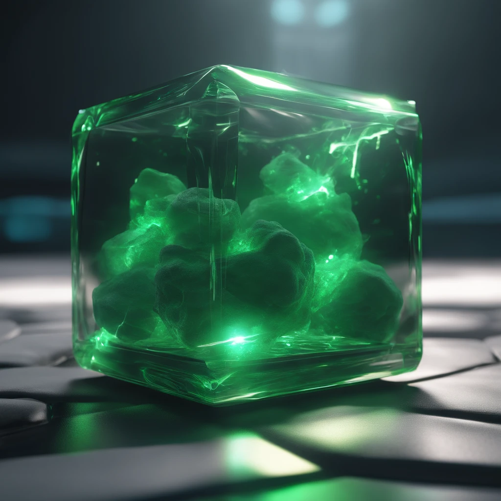concept art of a smoke green clear glowing cube on the ground, beautiful realistic atmosphere, environment, detailed, realistic, concept art, unreal engine 5, structure, sci-fi, ray tracing, CGI, perfect visuals, lighting, smooth, movie, screen-space reflections, ambient occlusion, scenes, aesthetics, bloom, shadows, perfectly drawn, textures, cinematic, sharp edges, hdr effect, blender 3d, asset library, art station, realism, retro-futurism, 90s, 80s, vintage effect, vaporwave, chillwave, close up, ground material is white, synthwave, retro wave,