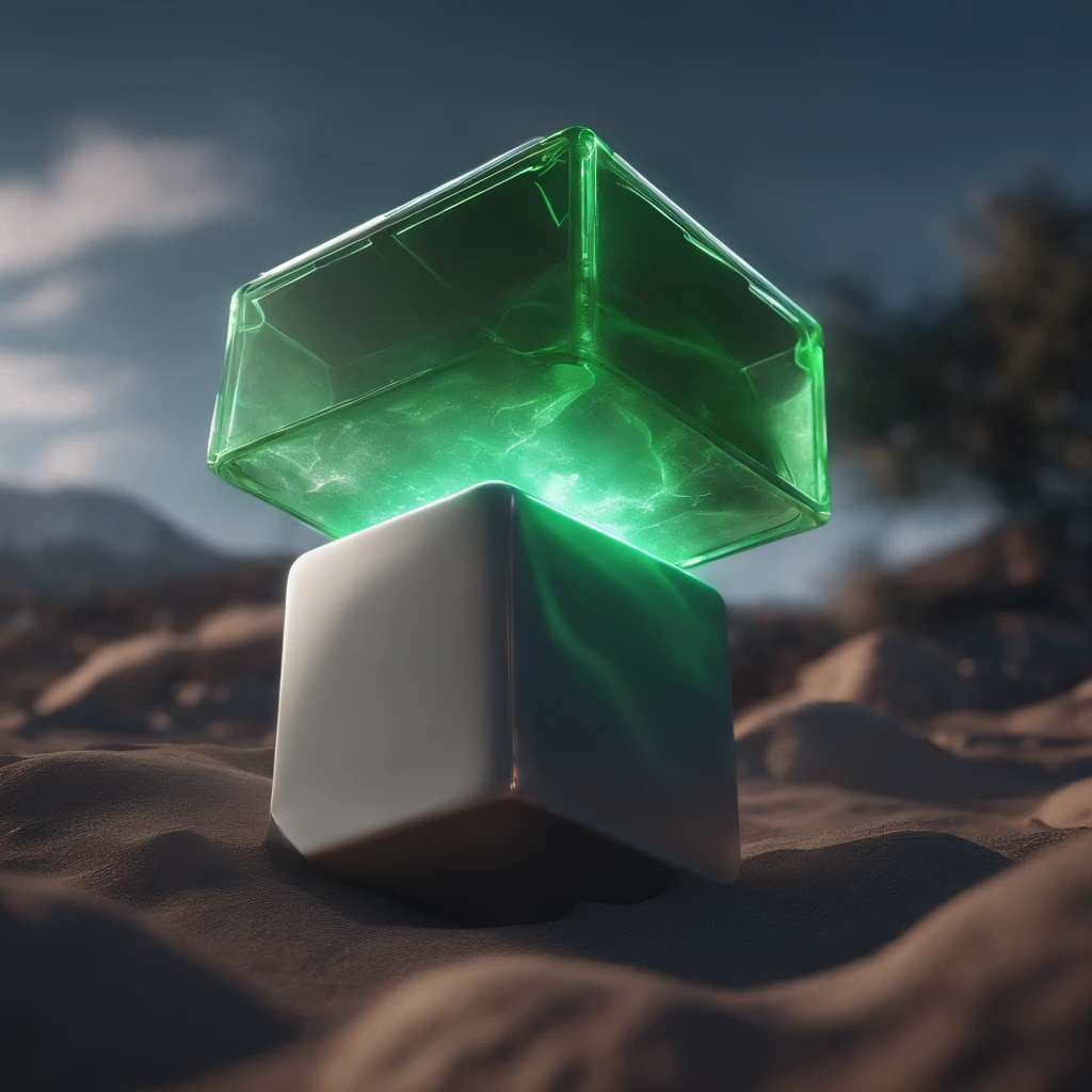 concept art of a smoke green clear glowing cube on the ground, beautiful realistic atmosphere, environment, detailed, realistic, concept art, unreal engine 5, structure, sci-fi, ray tracing, CGI, perfect visuals, lighting, smooth, movie, screen-space reflections, ambient occlusion, scenes, aesthetics, bloom, shadows, perfectly drawn, textures, cinematic, sharp edges, hdr effect, blender 3d, asset library, art station, realism, retro-futurism, 90s, 80s, vintage effect, vaporwave, chillwave, close up, ground material is white, synthwave, retro wave,