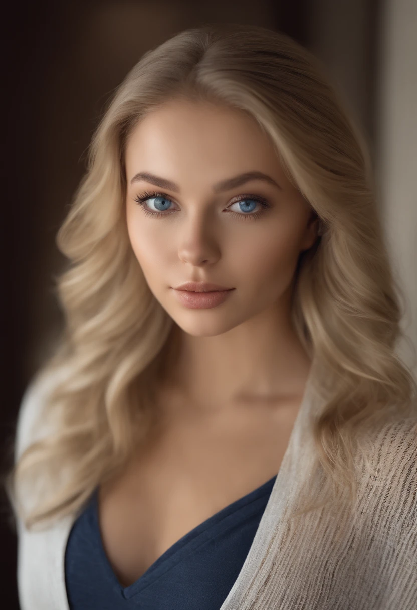 Arafed Full Woman, Sexy Girl with Blue Eyes, , Ultra Realistic, Meticulously Detailed, Portrait of Sophie Mudd, Blonde Hair and Big Eyes, Selfie of a Young Woman, Bedroom Eyes, Violet Myers, No Makeup, Natural Makeup, Looking Directly at the Camera, face artgram, subtle make-up, in a nightclub, Medium and large size chest, allowing the face to be seen clearly, portrait