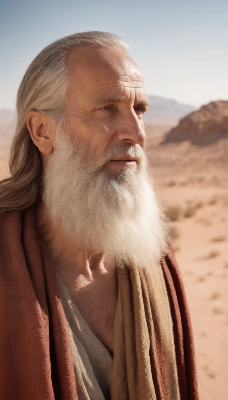 Older Bible Moses With Longer Beard And Arid Desert Background With Very Blue Sky And Sun
