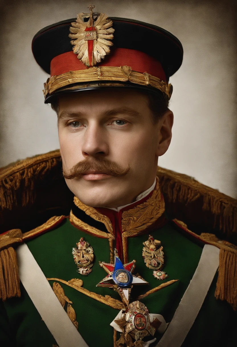 blond man in military uniform of the 19th century with a glass in hand (hugging a big bear), brave face, detailed face, high details, photorealistic, high quality