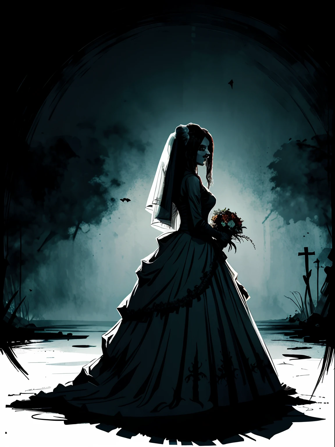 Halloween version of a lonely bride, in the style of nightmarish illustrations, speedpainting, zombiecore, heavy inking, nightmarish creatures, bold shadows.