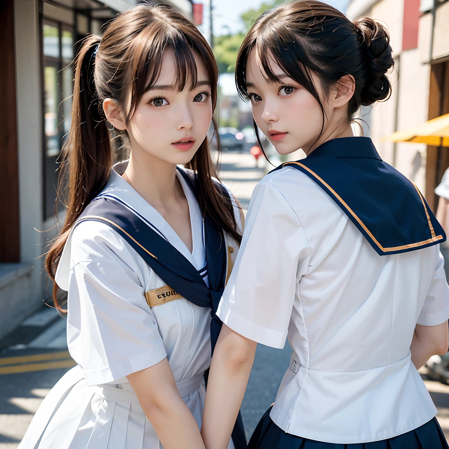 (masutepiece, Best Quality:1.2), 8K, Official art, Raw photo, Full Bord Bill Four、cute butt、Back angle、Two Beauties、On the way to take off the uniform、turned around、skinny、14years、small tits、unbelievable Ridiculous, (Upper body, 校服、a sailor suit:1.4), Beautiful Girl, Pretty Face, arching back down,、Gold hair ornament on hair、close up, Sailor Suit, Short sleeve, violaceaess, Teen, Street, Looking at Viewer, Film grain, chromatic abberation, Sharp Focus, face lights, Dynamic lighting, Cinematic lighting, Eyes and faces with detailed, Bokeh background,