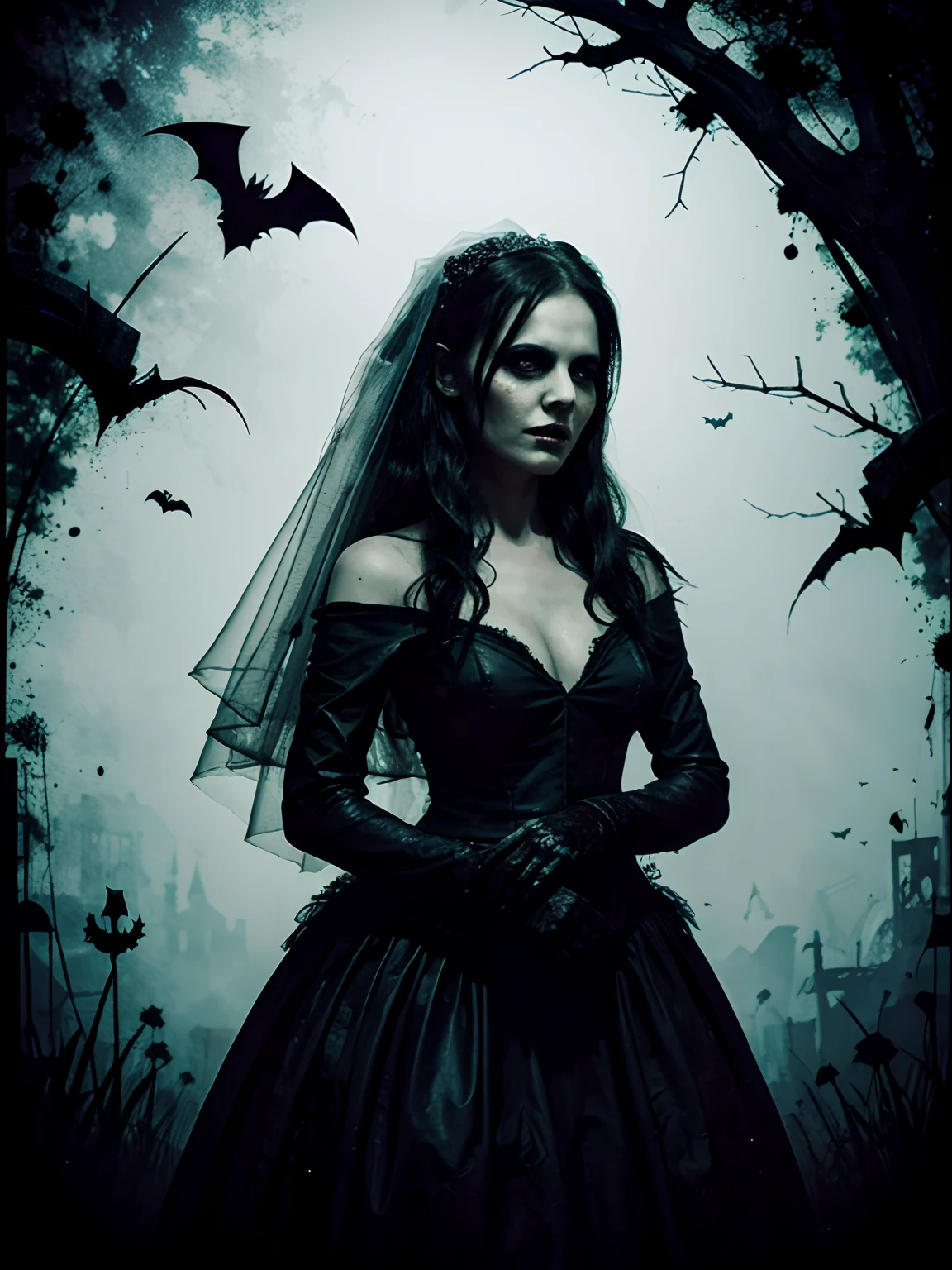 Halloween version of a lonely bride, in the style of nightmarish illustrations, speedpainting, zombiecore, heavy inking, nightmarish creatures, bold shadows.