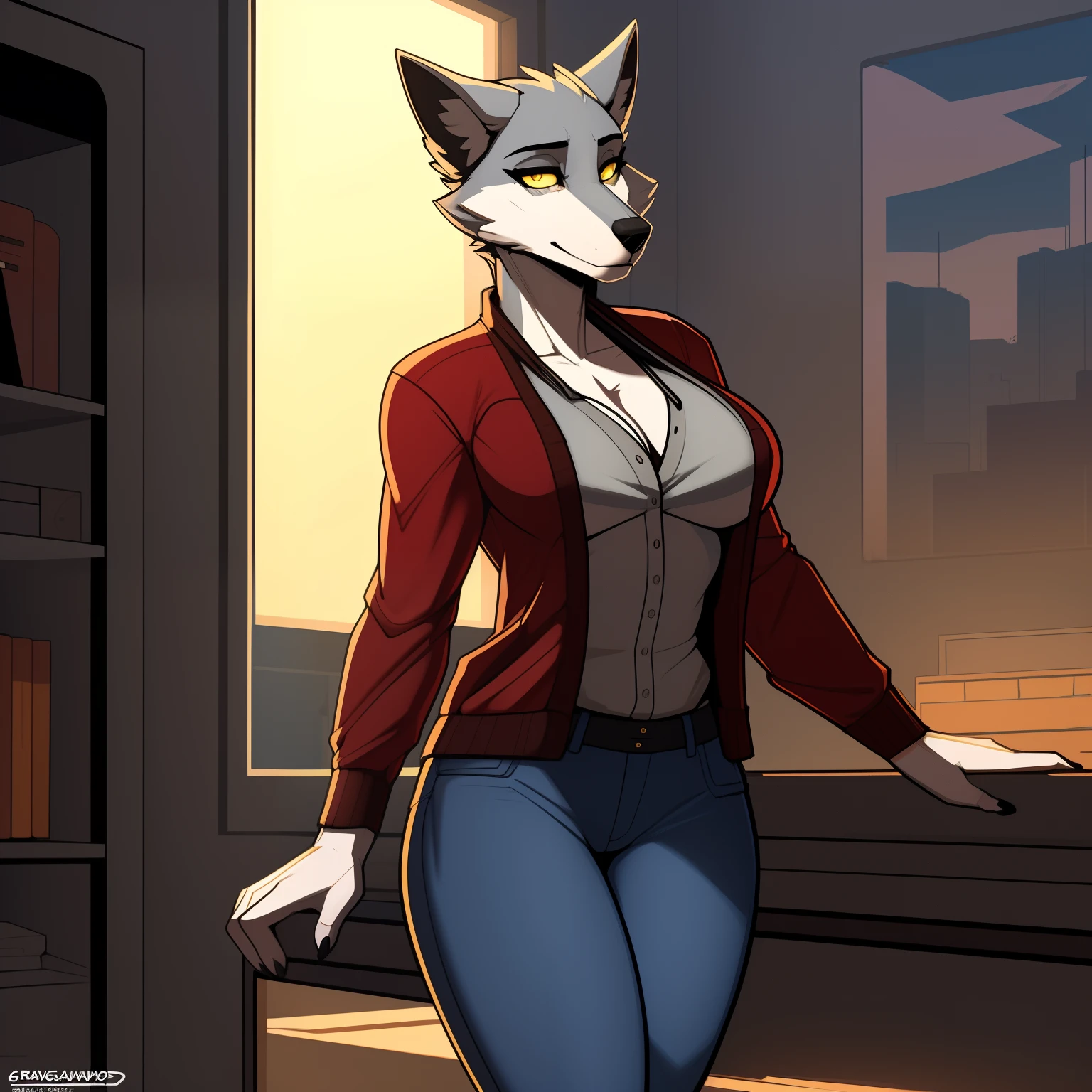 Lanky_Mature_timberwolf female blue_gray_furry_body yellow_eyes fluffy cardigan shirt jeans solo Masterpiece best_quality absurdres highly_detailed cleanly_drawn_eyes anthro_only full_breasts by_claweddrip, by_greasymojo, by_underscore-b, by_runawaystride