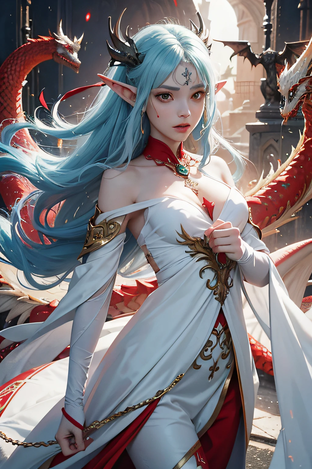 8k, anime, ........3d, Grimes Neofantasy Anime Gene Crispr - Edição ELF, Elven Screen Video, amostras de esquecimento, Mask over the mouth, nariz e queixo, Cyberpunk-inspired mask, cabelo branco curto bonito, Red and white dragons in the background, Armadura elegante, Reaching out with the planet floating over the hand, arte branca da tatuagem da henna no corpo, figura feminina, pale, Dragons floating on white and red fantasy background, ethereal art, dragons floating behind Grimes V1, tiro de corpo inteiro