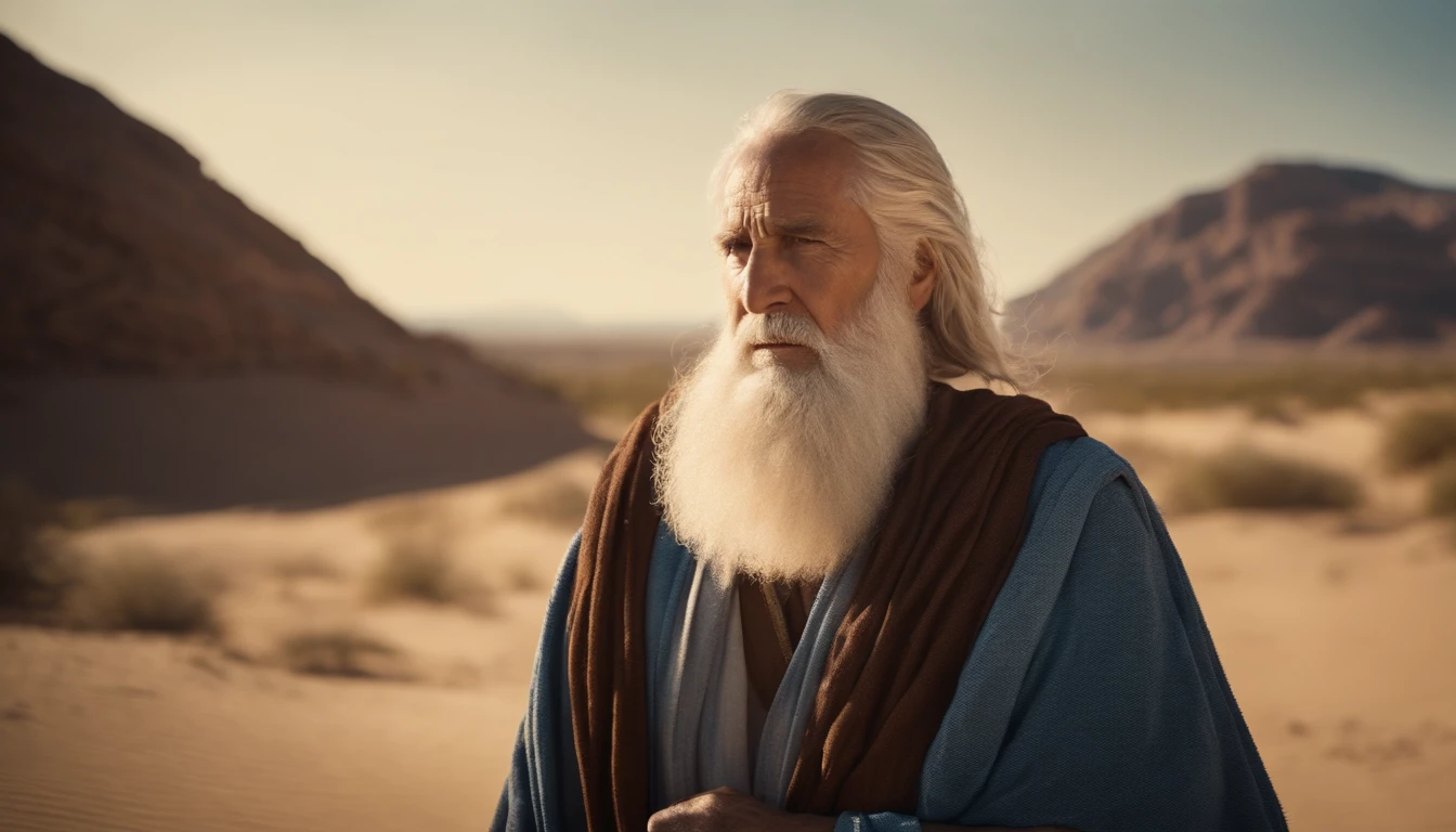 Older Bible Moses With Longer Beard And Arid Desert Background With Very Blue Sky And Sun