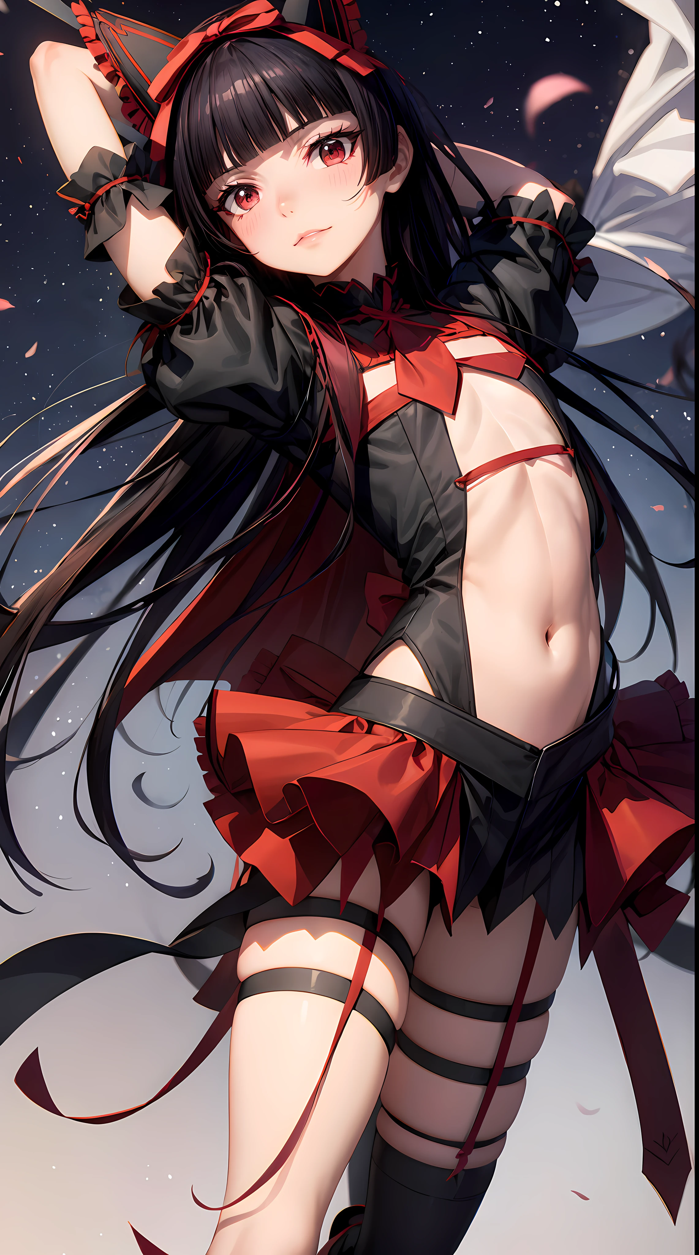 Rory Mercury, Rory Mercury, black  hair, blunt bangs, hime cut, hair ornament, black lipstick, hairlong, angry face, makeup, (small chest:1.2), (red eyes:1.5), BREAK Gothic underwear, the perfect body (little chest:1.3) Hornny, BREAK in full growth, red shoes, BREAK Black Stockings, Black Gloves BREAK, black thighs, garter straps, gloves, gotik, Hair Bow, gothic fashion, puffy short sleeves, puffy sleeves, short sleeves, thights, BREAK, starry night sky, night city, BREAK looks at the viewer, BREAK (Masterpiece:1.2), Best Quality, High Resolution, Unity 8k壁纸, (illustartion:0.8), (beautiful detail eyes:1.6), extremely detailed face, perfect  lighting, extremely detailed CGI, (perfect arms, perfect anatomy),