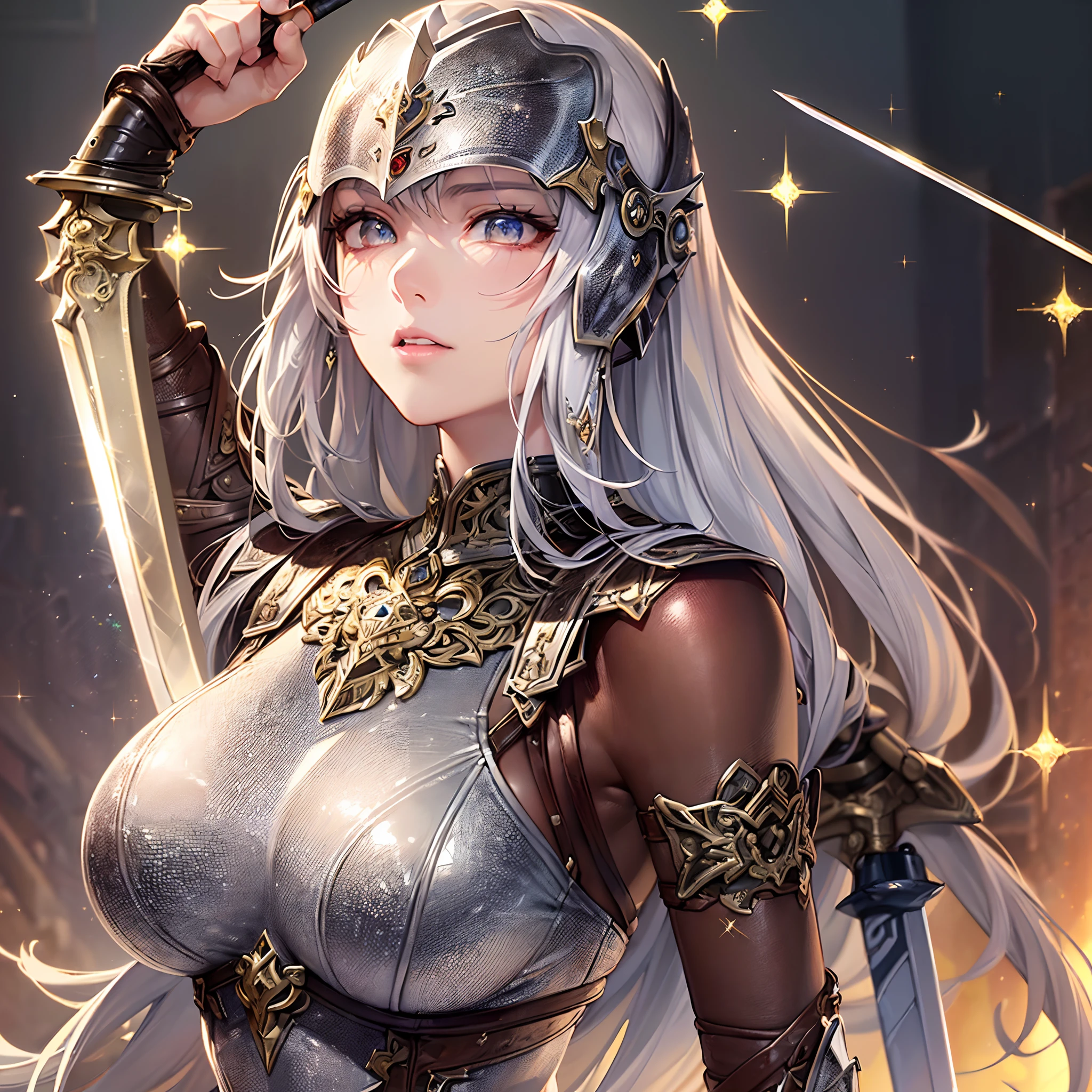 ((Finest quality)),(超A high resolution),(ultra-detailliert),(Meticulous portrayal),((Best CG)),(Finest works of art),Ultra-Precision Art,The art of astounding depiction, (Female Warrior:1.5),(Beautiful leather armor with dense and detailed details:1.5),(Sparkling Sword:1.4), Dance of the Sword