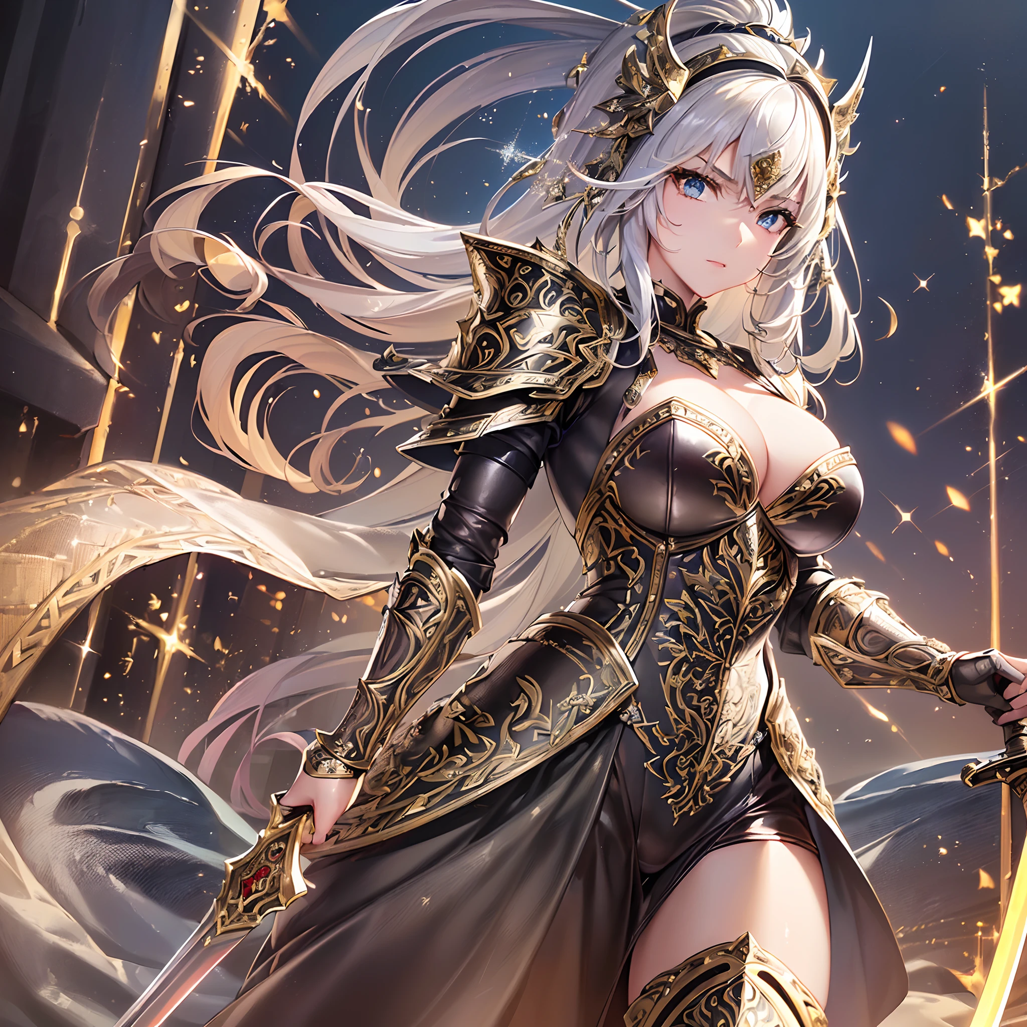 ((Finest quality)),(超A high resolution),(ultra-detailliert),(Meticulous portrayal),((Best CG)),(Finest works of art),Ultra-Precision Art,The art of astounding depiction, (Female Warrior:1.5),(Beautiful leather armor with dense and detailed details:1.5),(Sparkling Sword:1.4), Dance of the Sword