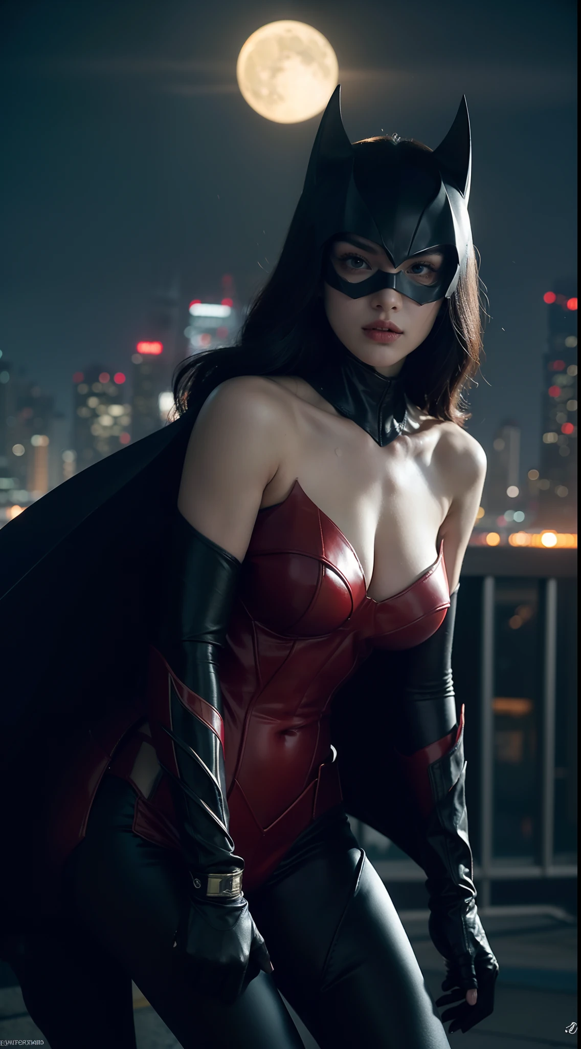 In this captivating wallpaper, Batwoman stands confidently against the backdrop of a dark and mysterious night in Gotham City. The moon hangs low in the sky, casting an ethereal glow over the scene, adding an extra layer of intrigue and drama.
The cityscape behind Batwoman is shrouded in darkness, with only faint glimpses of the towering buildings and intricate architecture. The dimly lit alleyways and rain-soaked pavement create a moody atmosphere, emphasizing the gritty nature of Batwoman's crime-fighting world.
As Batwoman takes center stage, her presence radiates power and determination. Her figure is illuminated by a soft, ambient light, casting dynamic shadows that add depth and dimension to the image. The play of light and darkness mirrors the duality of her character and the constant battle between good and evil.
Batwoman's suit glistens with a subtle sheen, highlighting the intricate details of the black and red design. The material clings to her form, showcasing her strength and agility, while the cape billows behind her, adding a touch of elegance and movement to the composition.
Her mask partially obscures her face, leaving only her piercing eyes visible. Behind the mask, her gaze is focused and unwavering, reflecting her unwavering commitment to justice and her determination to protect the innocent.
Surrounding Batwoman are various crime-fighting tools and gadgets, strategically placed to emphasize her preparedness and resourcefulness. These items glimmer in the moonlight, hinting at the advanced technology she wields in her mission to fight crime and bring justice to the streets of Gotham.
The wallpaper is completed with a subtle bat symbol watermark, echoing Batwoman's connection to the Bat-Family and her role as a symbol of hope in the darkness. It serves as a reminder of her unwavering commitment to shed light on the shadows and protect the city she calls home.(naked breast:1.4), (naked body:1.4),(big breast:1.4)
