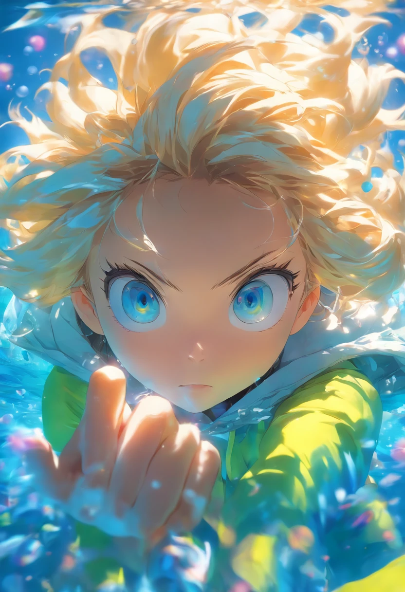 foreshortening, depth of field, masterpiece, best quality, 1girl, white messy hair, neon blue eyes, underwater, air bubble, solo, looking at viewer, wearing oversized yellow hoodie, swimming, dappled sunlight,