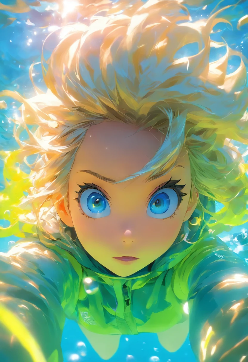 foreshortening, depth of field, masterpiece, best quality, 1girl, white messy hair, neon blue eyes, underwater, air bubble, solo, looking at viewer, wearing oversized yellow hoodie, swimming, dappled sunlight,