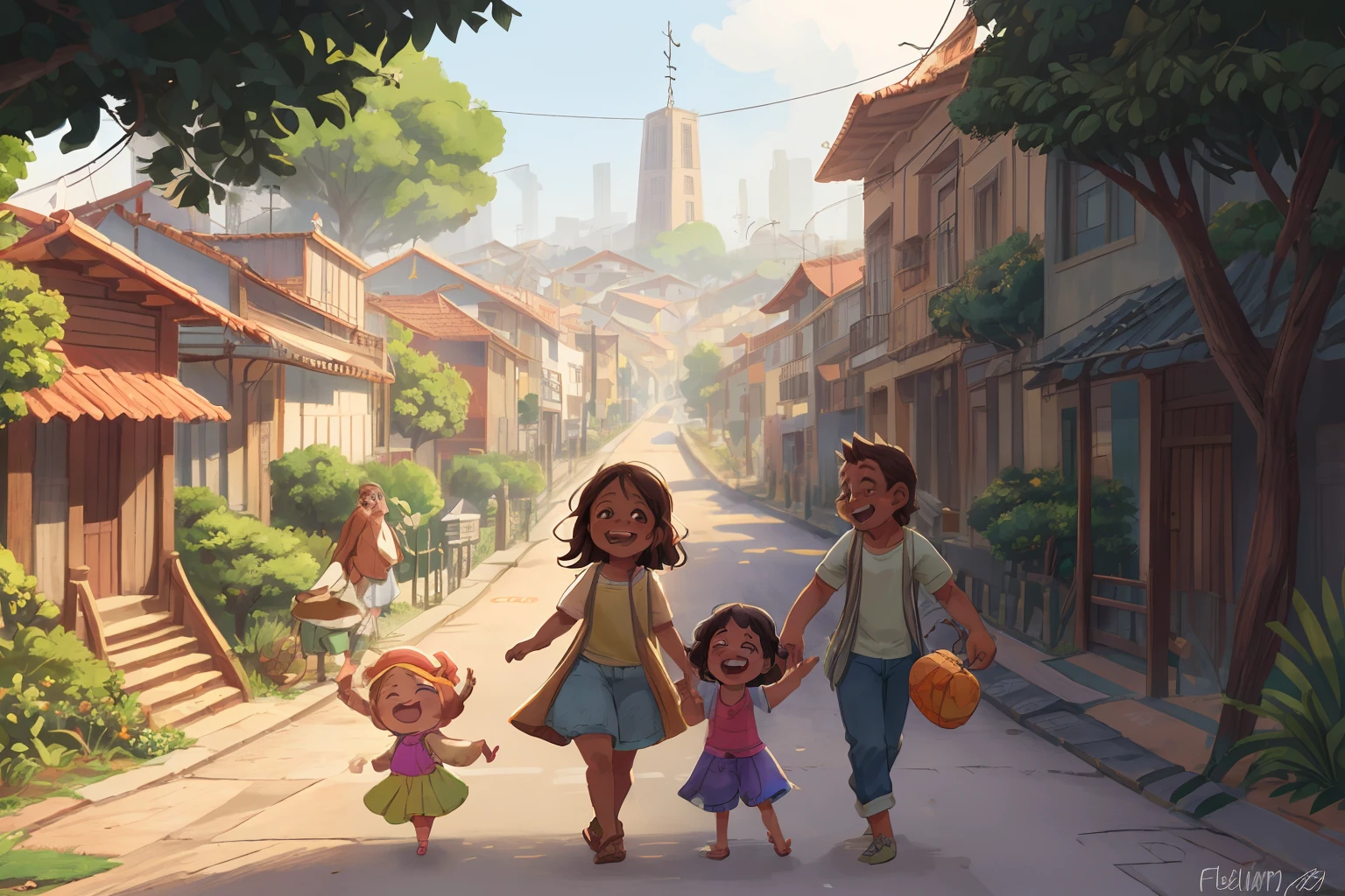 boa qualidade, cidade feliz com familias andando felizes pela rua. desenho 8k,  profundidade de campo, Melhores Sombras, luzes perfeitas, HDR, textura de pele realista, fundo ultra-detalhado, circunstanciado), estilo anime