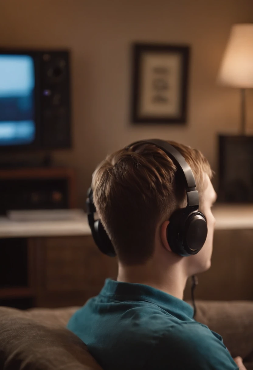 boy , (17 yearsg video game, big tube tv, listening to music on headphones, at night, view from back, nerd decoration on the room, 90's vibe, 1991, cassete tv, vhs