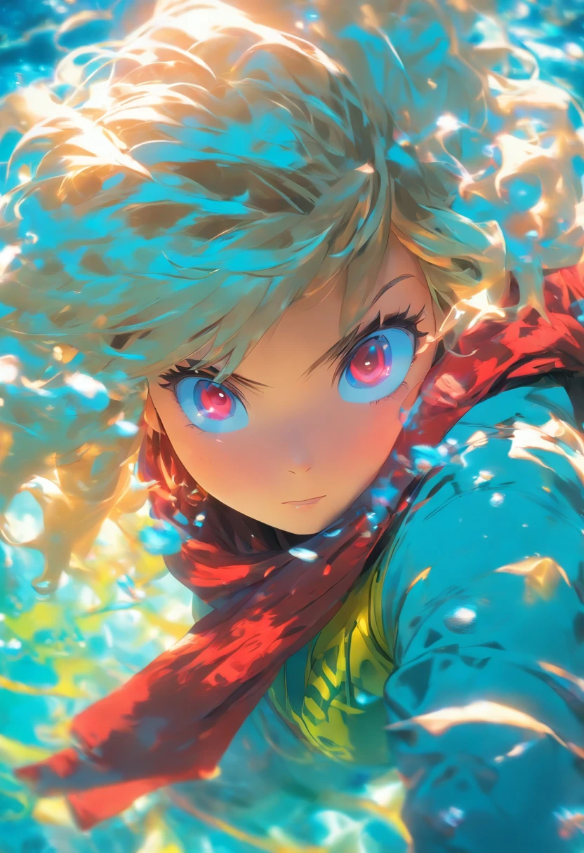 foreshortening,  depth of field, masterpiece, best quality, 1girl, white messy hair, neon blue eyes, underwater, air bubble, solo, looking at viewer, wearing oversized yellow hoodie and a red scarf, swimming,  dappled sunlight,