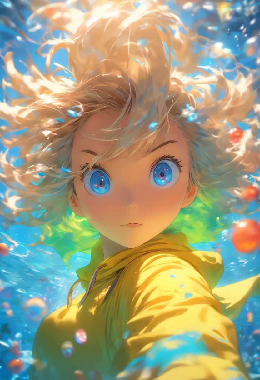 foreshortening, depth of field, masterpiece, best quality, 1girl, white messy hair, neon blue eyes, underwater, air bubble, solo, looking at viewer, wearing oversized yellow hoodie and a red scarf, swimming, dappled sunlight,