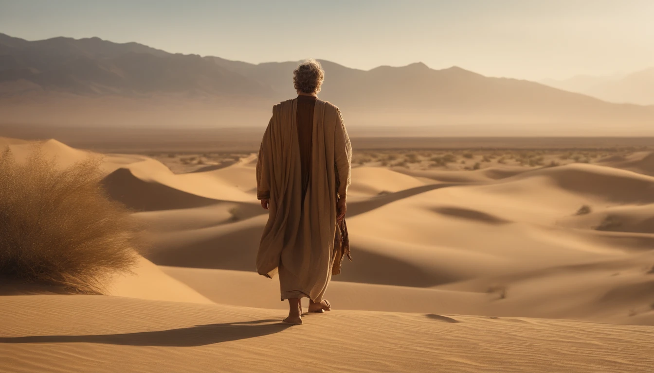 (best quality,4k,8k,highres,masterpiece:1.2),ultra-detailed,(realistic,photorealistic,photo-realistic:1.37),Moisés from the Bible with aged appearance and longer beard,detailed eyes and face,extremely detailed beard,barren desert background with a warm color palette,incredibly vivid colors,harsh sunlight,desert sand particles in the air,windswept sand dunes stretching into the distance,scorching heat,heartfelt expression,desolate and vast landscape,barren mountains in the background, Moses standing on a rocky outcrop,strong and noble stance, and a blue, cloudless sky.