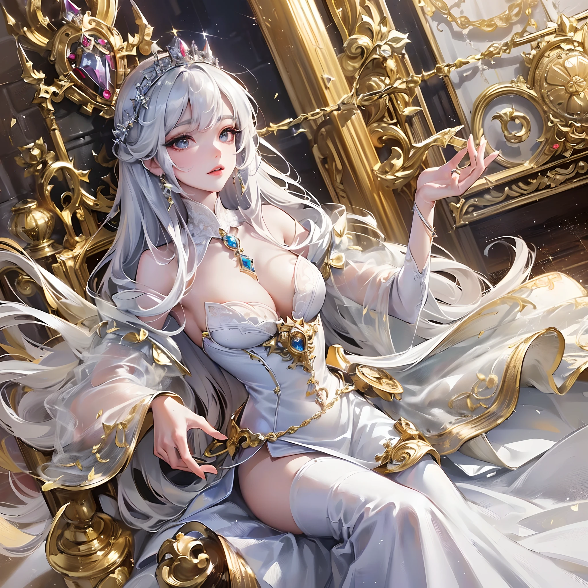 ((Finest quality)),(超A high resolution),(ultra-detailliert),(Meticulous portrayal),((Best CG)),(Finest works of art),Ultra-Precision Art,The art of astounding depiction, ((gorgeous:1.5)),(A queen:1.5),(Beautiful pure white dress with detailed and detailed:1.5),(Sparkling crown:1.4),Wang Wat,a throne, Sparkle like crystal