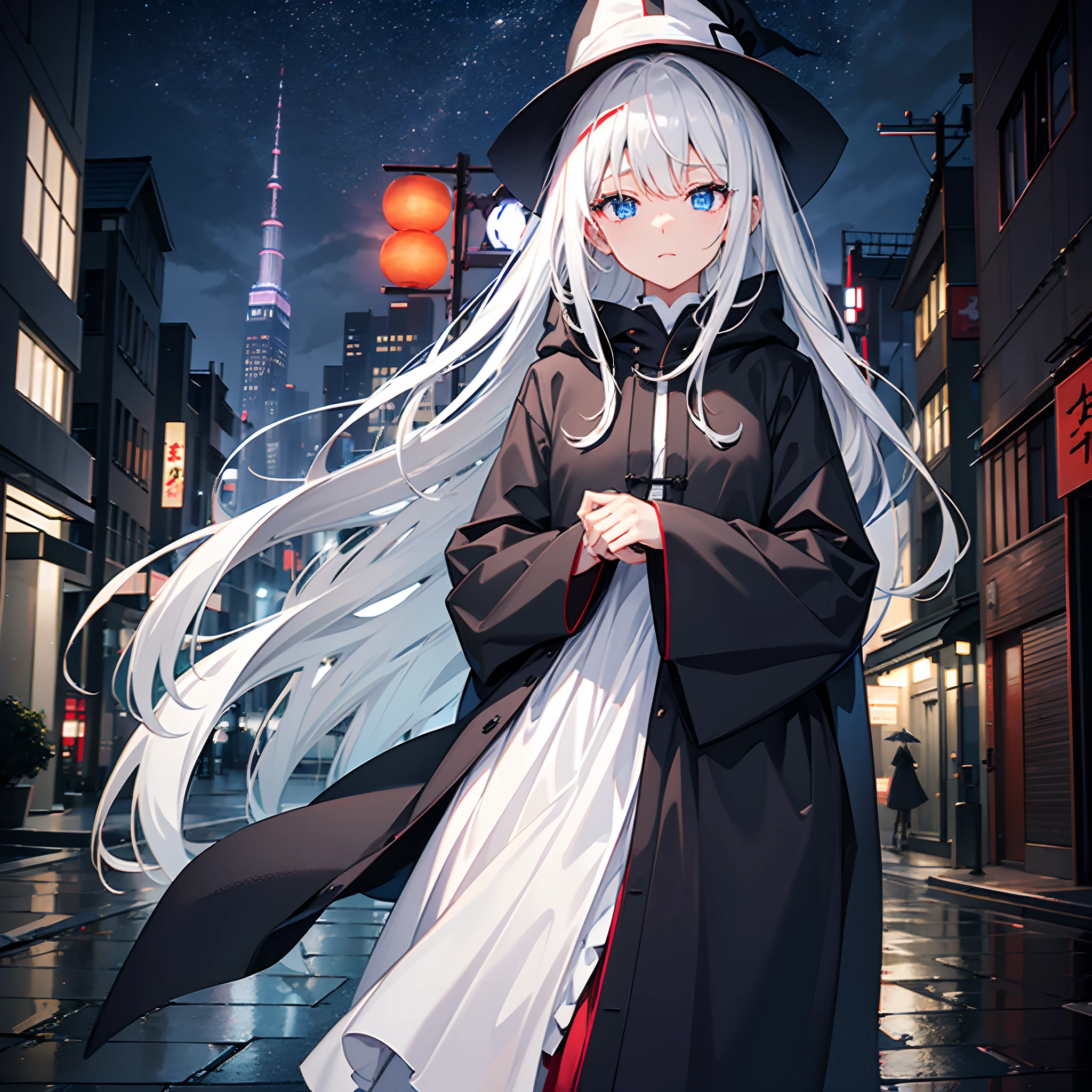 rainy evening、Urban area lined with buildings、Midnight Tokyo、Standing Girl、Wizard black hooded robe、white t-shirts、a black skirt、White hair with red mesh、Blue eyes with highlights、Looking at me with no expression、Large wizard hat with sapphire accessories