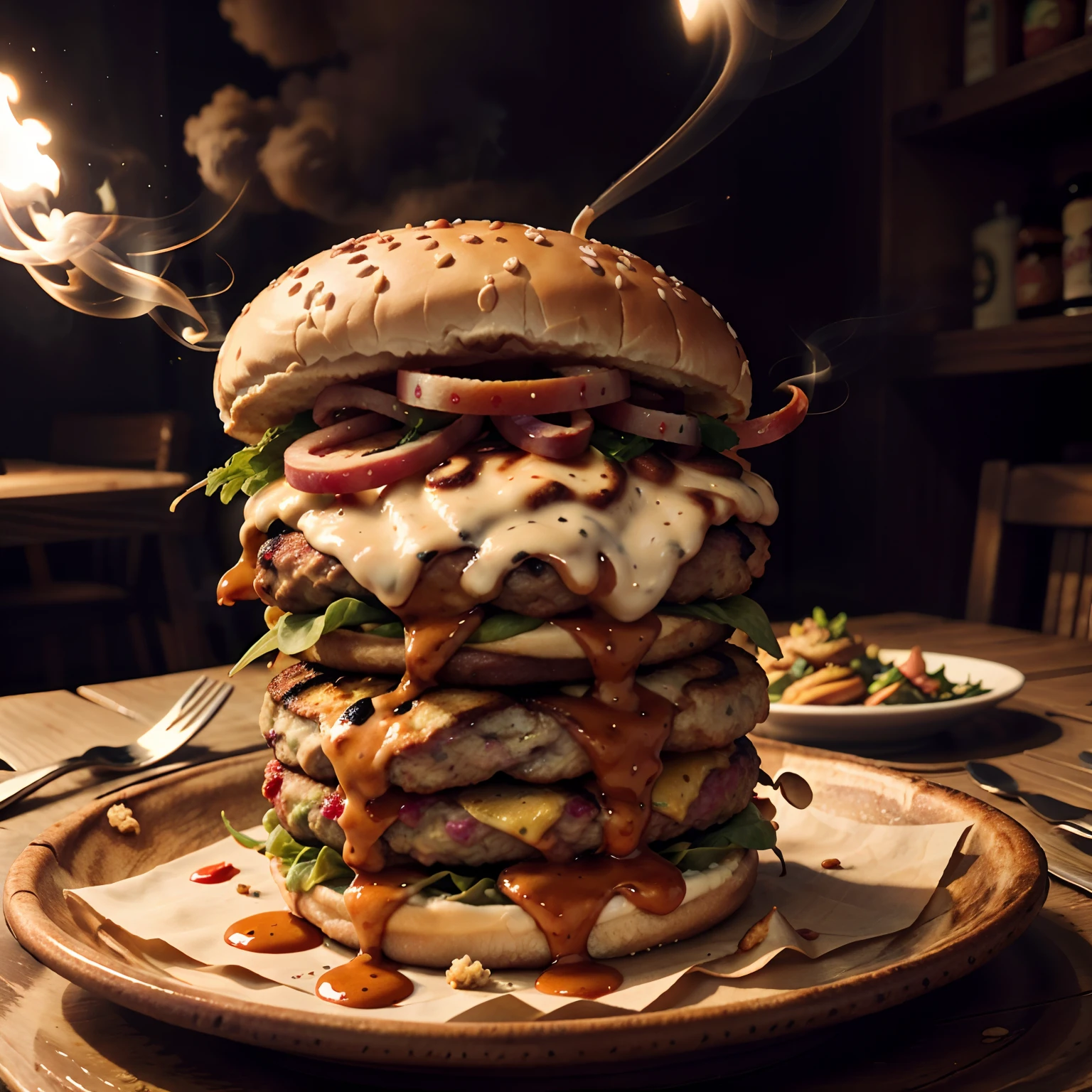 burger, com duas carnes, queijo, salada,smoke billowing, luz de fundo, cena escura, smoke billowing, photo para cardapio, Photo apresenta do produto.