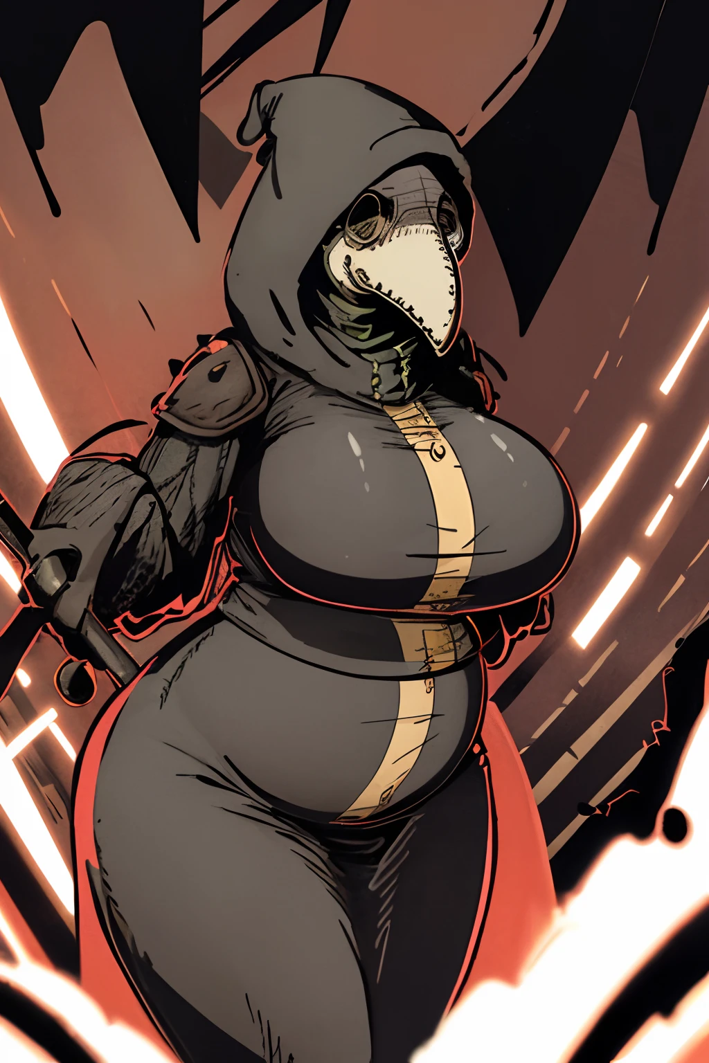 plague doctor, 1girl, solo, hood, mask, gloves, faceless, plague doctor mask, bandage, tabard, medieval, huge breasts, arms at sides, huge ass, huge belly, inflated belly, exploding belly, bursting belly, poping belly, very big belly, overstuffed belly, about to burst belly, worried, looking at the belly, holding belly,