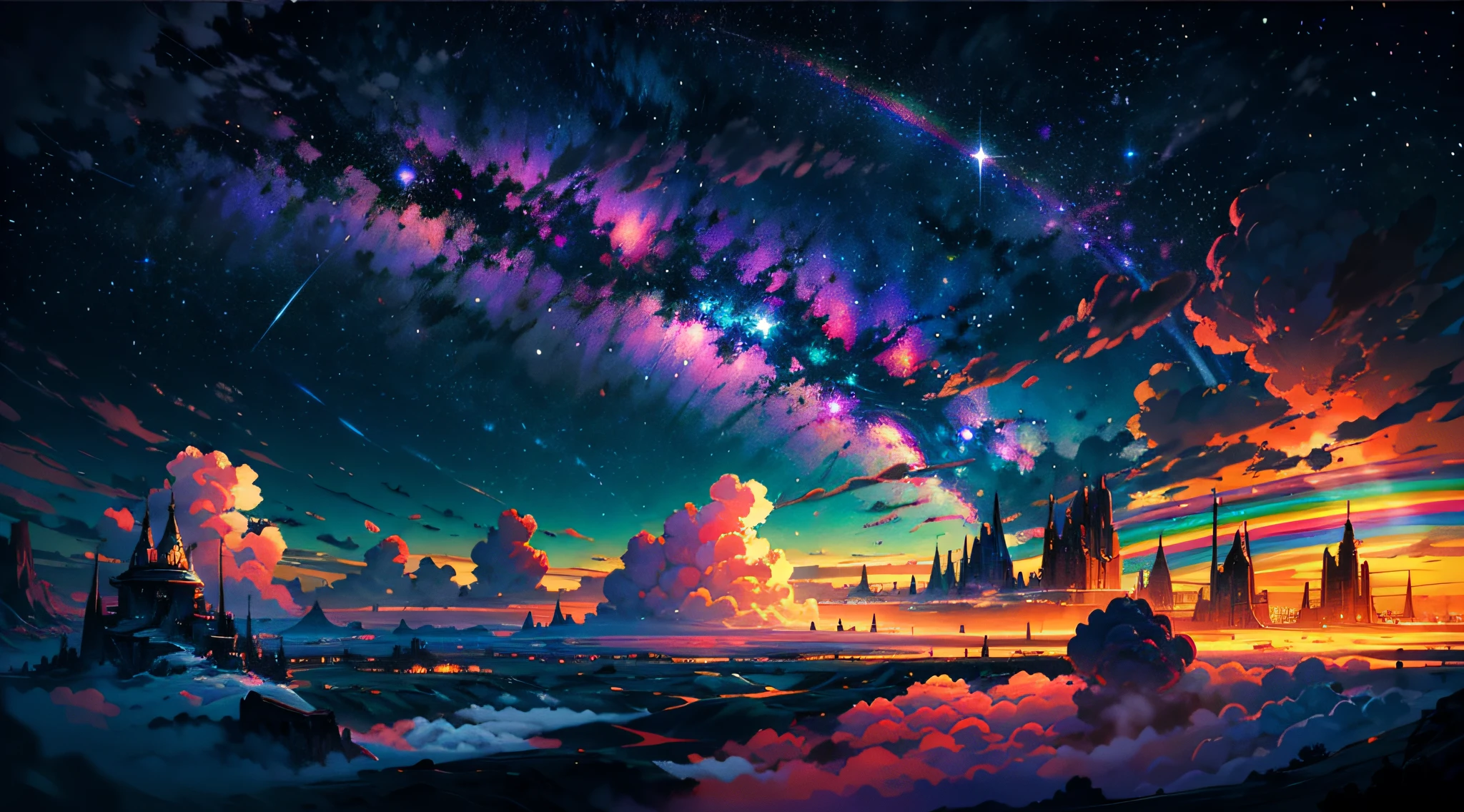 A painting of a city with a rainbow colored sky and clouds - SeaArt AI