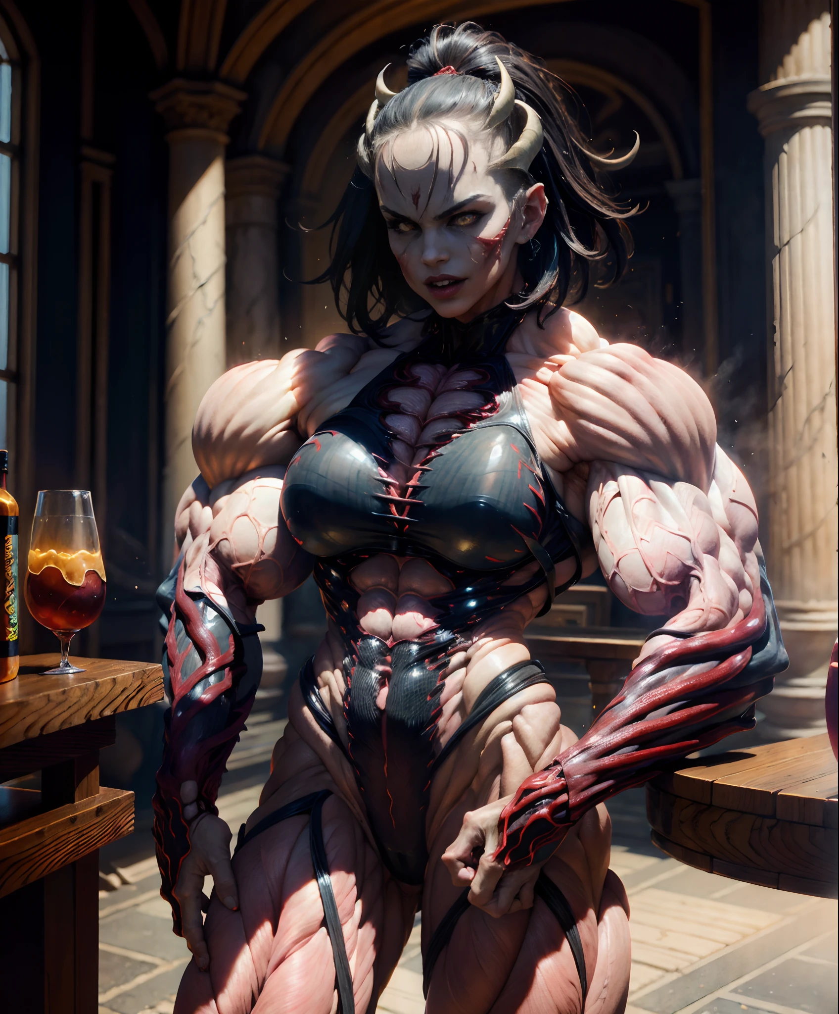 (1 girl), (spread legs:1.25), (demoness with beautiful face:1.25),(1 super muscular succubus with flayed skin:1.5), (carnage physique:1.5), (covered in thick muscle suit:1.5), (exposed perfect anatomy:1.5), (carnage muscle anatomy:1.5), high detail, best quality, masterpiece, finely detail, realistic skin texture, 85 mm art lens, f 1.2, sharp focus, 8 k high definition, insanely detailed, intricate,