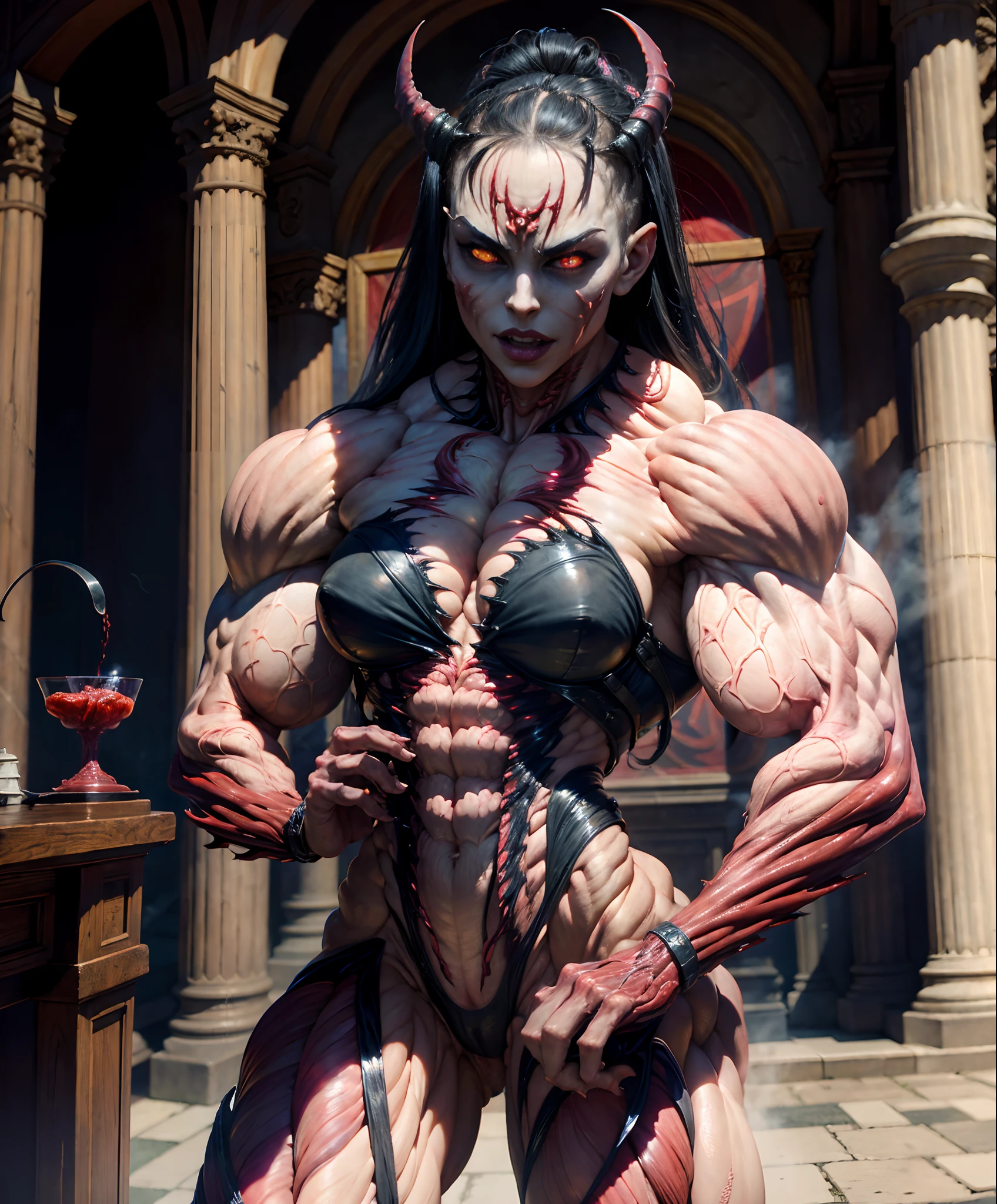 (1 girl), (spread legs:1.25), (demoness with beautiful face:1.25),(1 super muscular succubus with flayed skin:1.5), (carnage physique:1.5), (covered in thick muscle suit:1.5), (exposed perfect anatomy:1.5), (carnage muscle anatomy:1.5), high detail, best quality, masterpiece, finely detail, realistic skin texture, 85 mm art lens, f 1.2, sharp focus, 8 k high definition, insanely detailed, intricate,