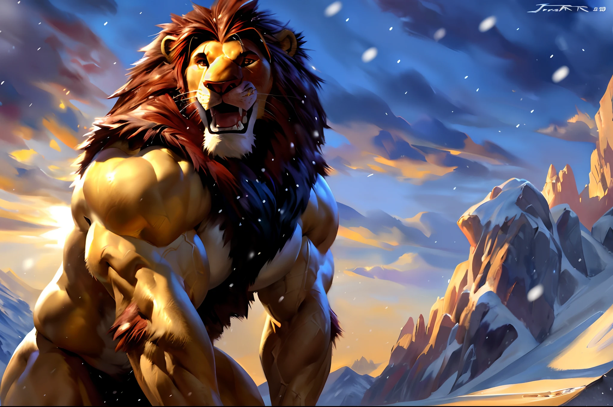 muscular feral:1 lion posing for the camera. 4k, high resolution, best quality, perfect colors, perfect shadows, perfect lighting, posted on e621, furry body, feral lion, quadruped lion, solo, male, adult, masculine, (muscular, dense build:1.4, muscular shoulders, strong pecs), correct anatomy, (photorealistic fur, detailed fur, epic, masterpiece:1.2), (detailed winter background, snowing, cloudy sky, sunset), sexy shadows, (by echin, by Taran Fiddler, by vorusuarts, by Traver009, by Juiceps), (detailed eyes:1.2), impressive physique, confident pose, strong pose, confident face, proud, detailed eyes, looking at camera, close-up, open mouth, low-angle shot
