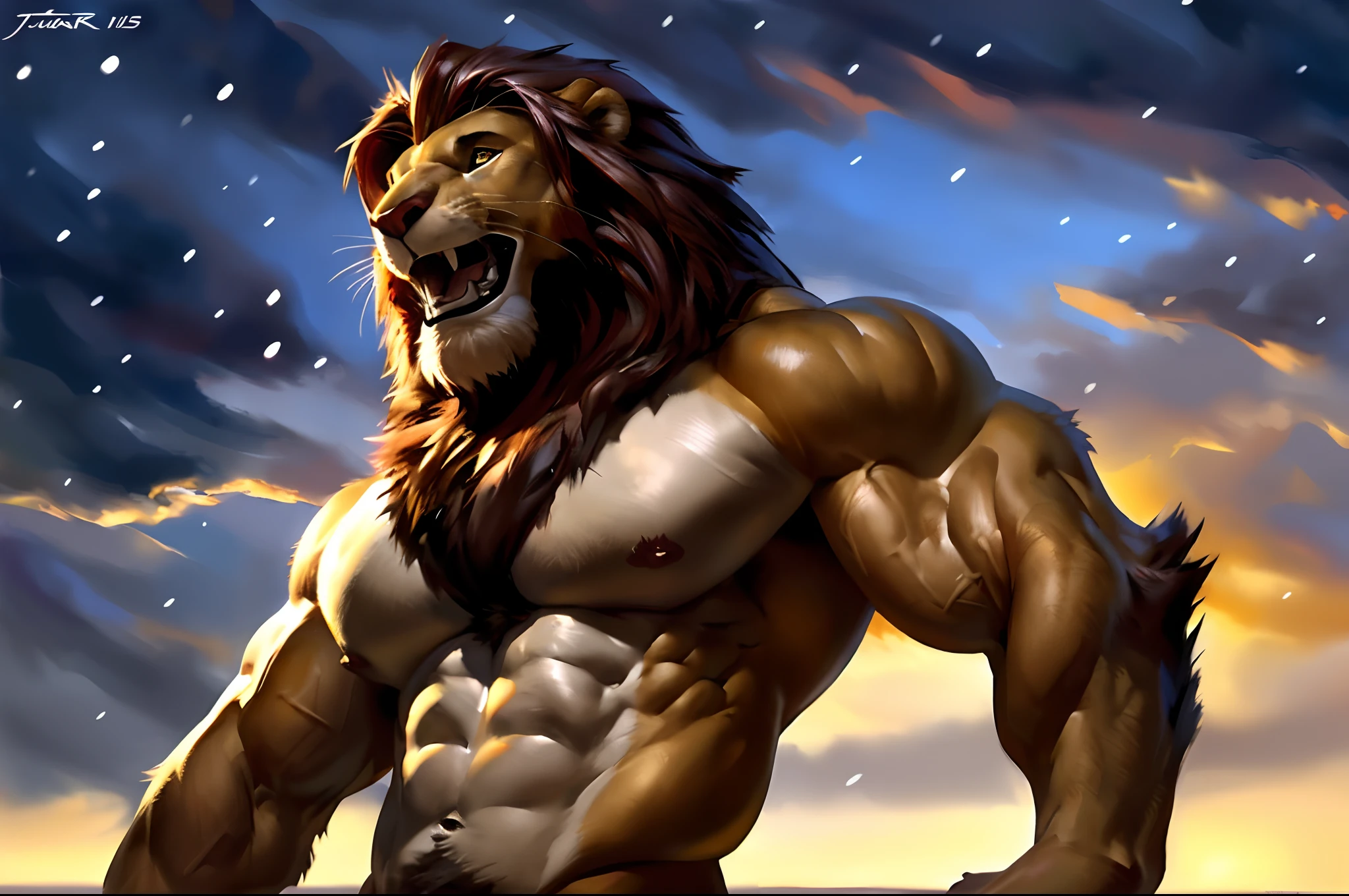 muscular feral:1 lion posing for the camera. 4k, high resolution, best quality, perfect colors, perfect shadows, perfect lighting, posted on e621, furry body, feral lion, quadruped lion, solo, male, adult, masculine, (muscular, dense build:1.4, muscular shoulders, strong pecs), correct anatomy, (photorealistic fur, detailed fur, epic, masterpiece:1.2), (detailed winter background, snowing, cloudy sky, sunset), sexy shadows, (by echin, by Taran Fiddler, by vorusuarts, by Traver009, by Juiceps), (detailed eyes:1.2), impressive physique, confident pose, strong pose, confident face, proud, detailed eyes, looking at camera, close-up, open mouth, low-angle shot