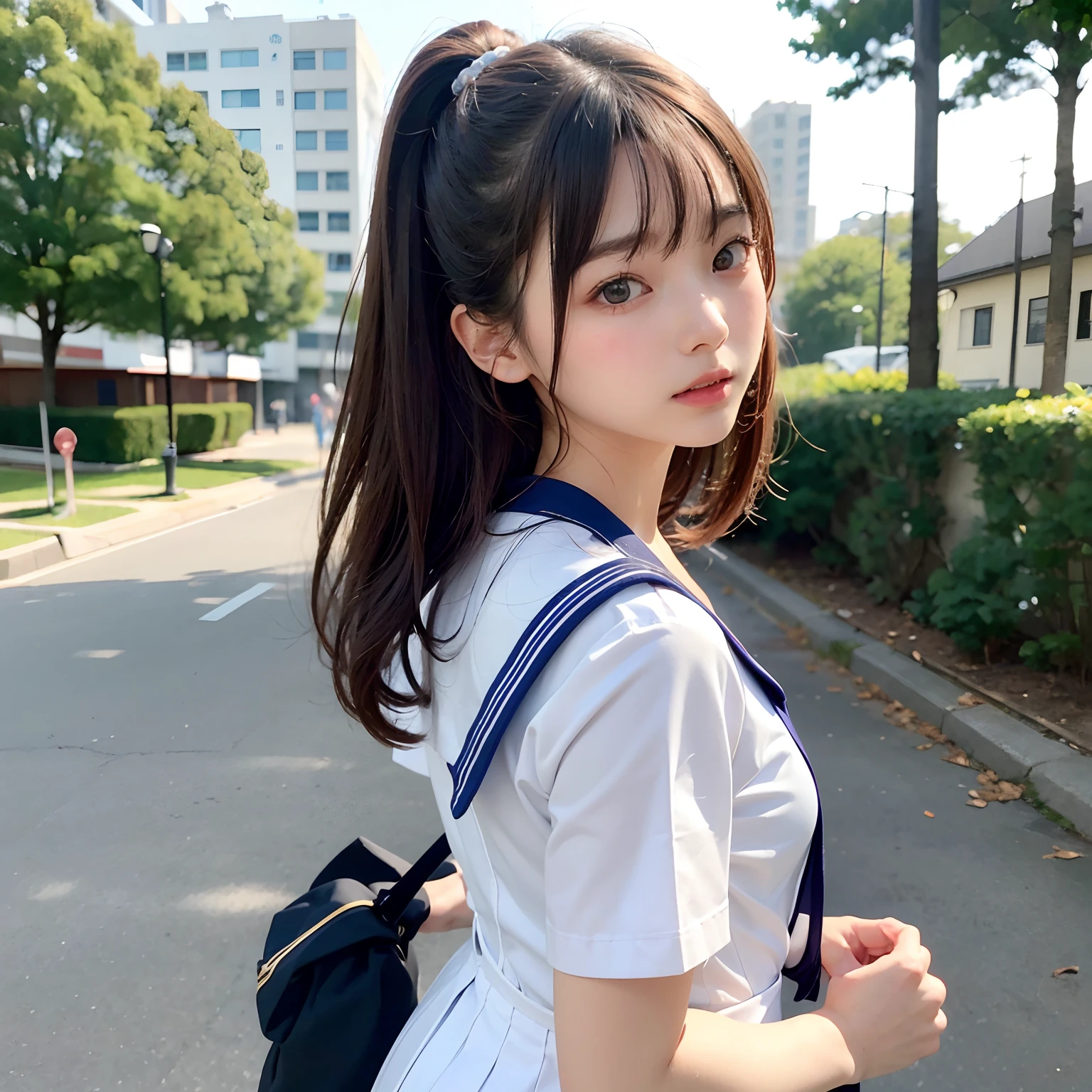 (masutepiece, Best Quality:1.2), 8K, Official art, Raw photo, Full Bord Bill Four、cute butt、Back angle、Two Beauties、On the way to take off the uniform、turned around、skinny、14years、small tits、unbelievable Ridiculous, (Upper body, 校服、a sailor suit:1.4), Beautiful Girl, Pretty Face, arching back down,、Gold hair ornament on hair、close up, Sailor Suit, Short sleeve, violaceaess, Teen, Street, Looking at Viewer, Film grain, chromatic abberation, Sharp Focus, face lights, Dynamic lighting, Cinematic lighting, Eyes and faces with detailed, Bokeh background,