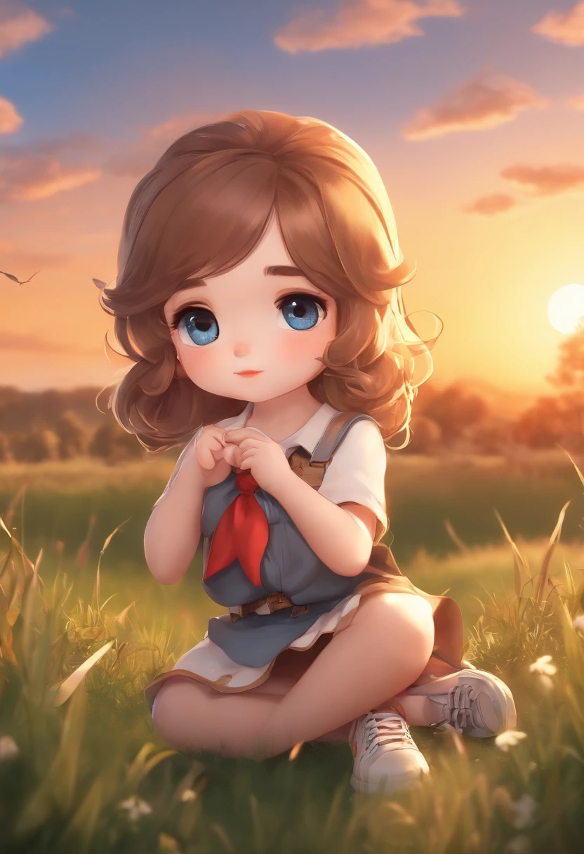 little girl, chibi, knot top, medium hair, curious face, blue eyes, cupid lips, wearing a bracelet and sneaker boots, shirt and skirt, grassy field, sunset, wearing shirt and skirt, (chibi style)