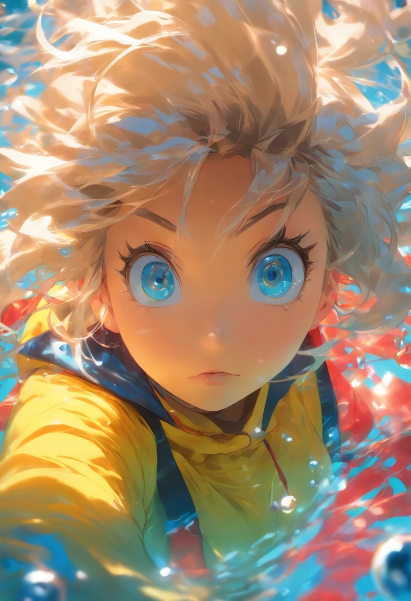 foreshortening, depth of field, masterpiece, best quality, 1girl, white messy hair, neon blue eyes, underwater, air bubble, solo, looking at viewer, wearing oversized yellow hoodie ,red scarf, swimming, dappled sunlight,