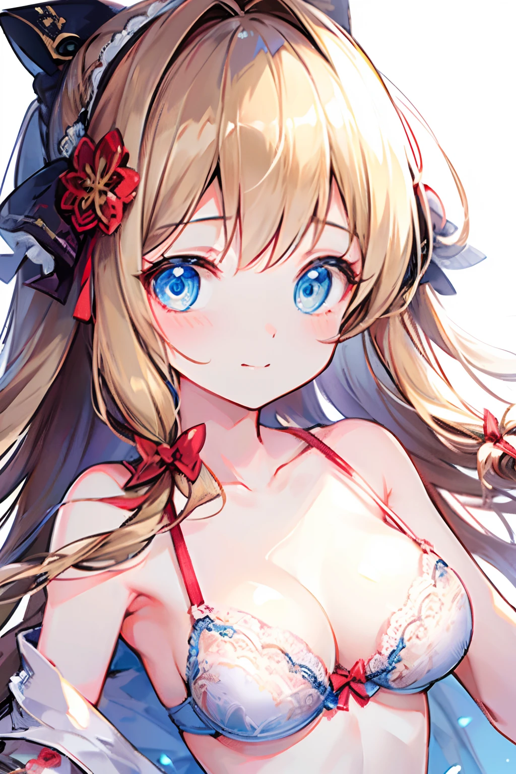 Yukka ende, 8k, ultra-detailed, Masterpiece, best quality, blue eyes, blonde hair, small red hair bows, middle chest, sunny outside , day, 1girl, solo, ((close up face)), portrait, bokeh, London, undressing, collarbone, blush, completely nude, bra