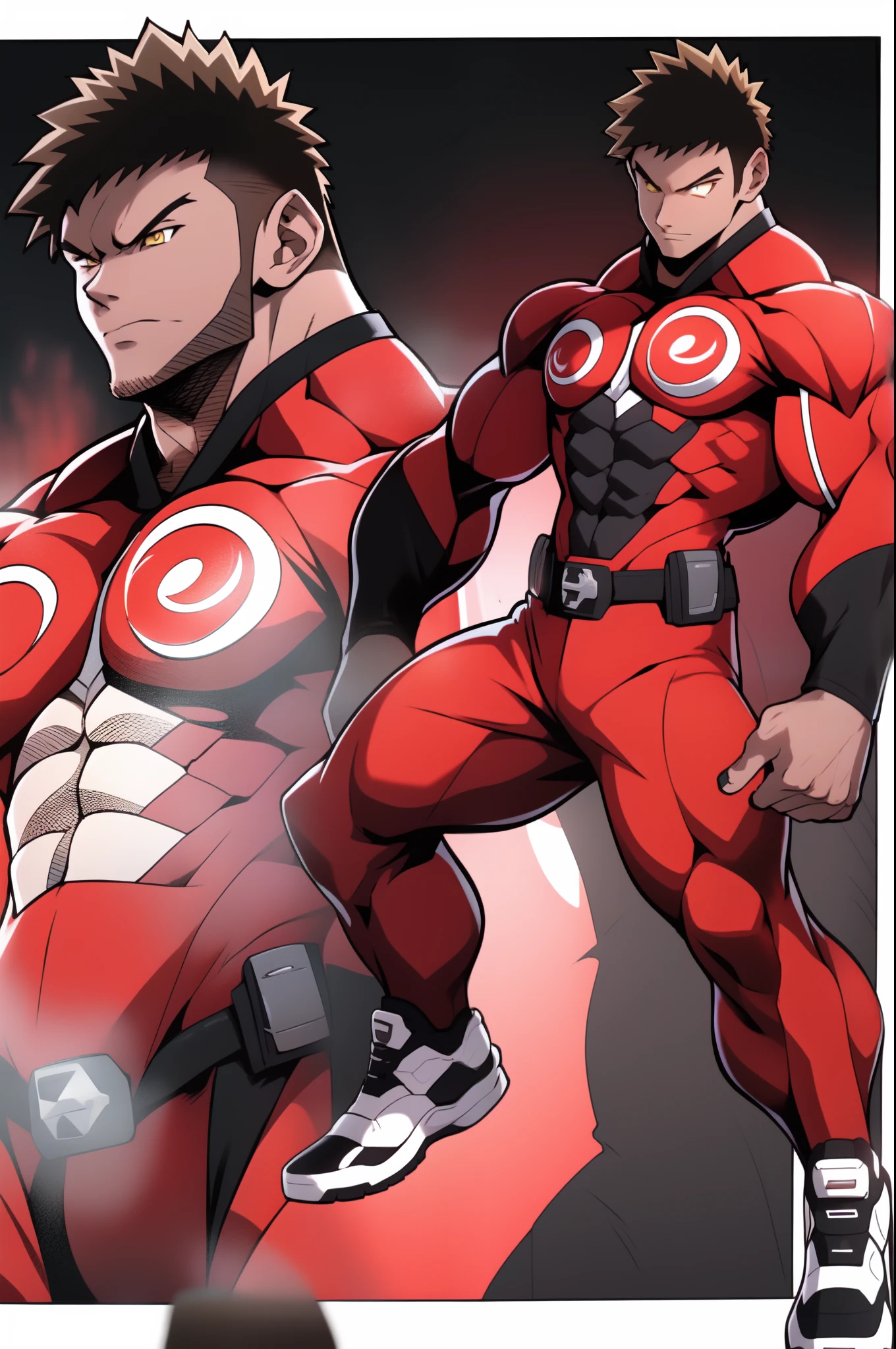 Anime style art, anime style drawing, front image, full body, muscular male character, protagonist, yellow eyes, short hair, hair with spikes, short hair, muscular character, wearing red long sleeve shirt, black sleeves, wearing gray pants, wearing white sneakers. Full body image, frontal image, protagonist character, heroic character, intimidating posture, muscular character, bodybuilder body, frontal image, full body image, Just a persaongem, muscular character!!, full body, assasin,sentai armors, unmasked