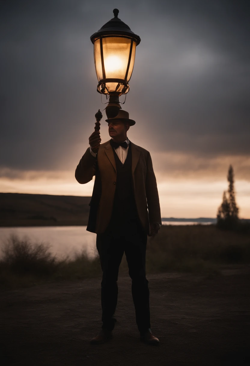 Make a man with a lamp head, usando terno, corpo inteiro:1.4