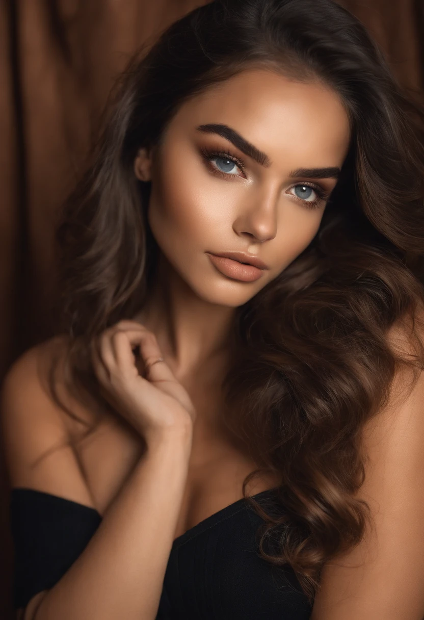 Arafed mujer con ropa negra, Chica sexy con ojos marrones, Retrato Sophie Mudd, cabello negro y ojos grandes, morena, selfie de una mujer joven, Ojos del dormitorio, Violeta Myers, sin maquillaje, Maquillaje natural, staring directly into camera, cara con artgram, maquillaje sutil, Impresionante foto de cuerpo completo, En el dormitorio, escote y ropa interior trasparente.