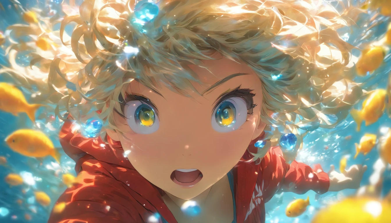 foreshortening, depth of field, masterpiece, best quality, 1girl, white messy hair, neon blue crystal eyes, underwater, air bubble, solo, looking at viewer, wearing oversized yellow hoodie ,red scarf, swimming, dappled sunlight , masterpiece