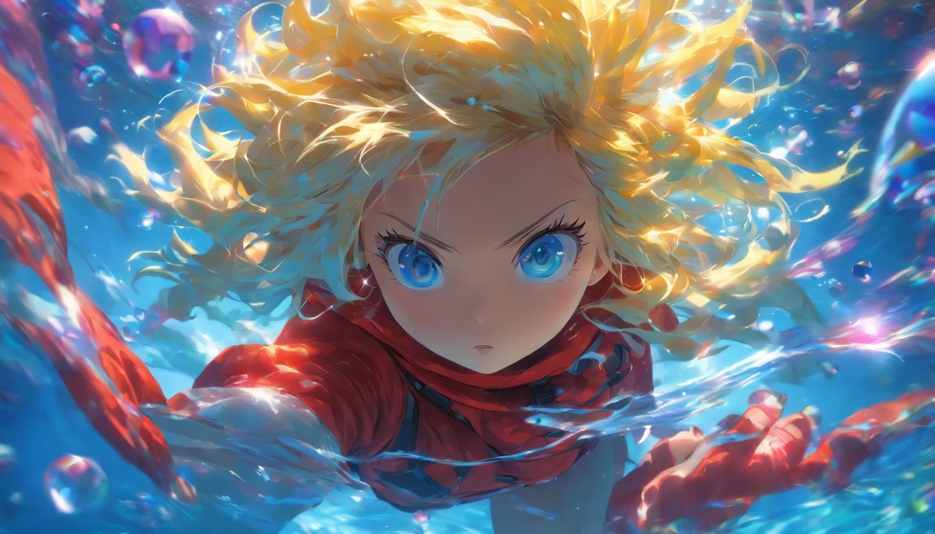 foreshortening,  depth of field, masterpiece, best quality, 1girl, white messy hair, neon blue crystal eyes, underwater, air bubble, solo, looking at viewer, wearing oversized yellow hoodie ,red scarf, swimming,  dappled sunlight , masterpiece