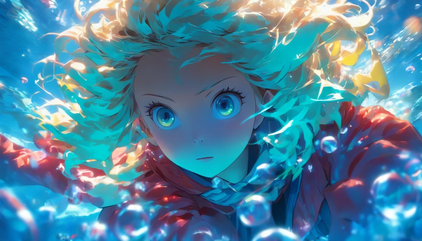 foreshortening,  depth of field, masterpiece, best quality, 1girl, white messy hair, neon blue crystal eyes, underwater, air bubble, solo, looking at viewer, wearing oversized yellow hoodie ,red scarf, swimming,  dappled sunlight , masterpiece