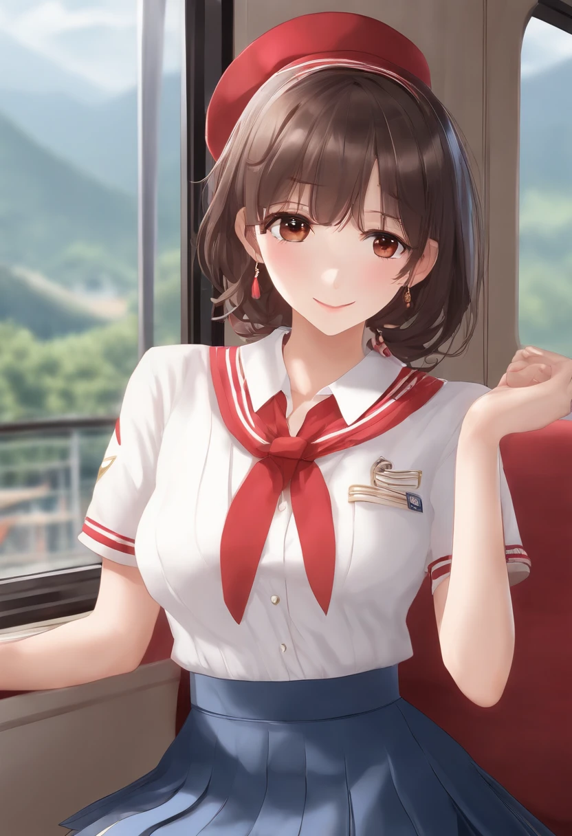 top-quality,ultra-detailliert,masterpiece,realisitic,Photo Real,Bright lighting,1 girl in, an extremely beautiful 17-year-old girl, (kawaii:1.2),Thin smile, (Brown eyes),(brown haired),(bangss),perfect glossy skin,flawless skin,((erotick,Sexy and sexually explicit)),((accurate hands without incongruity)), large full breasts,big breasts thin waist, Look at viewers,((a sailor suit)),((Short sleeve uniform white shirt)),(red necktie),(Blue Mini Pleated Skirt),(((skirt lift by yourself))),(lifted by self),(Showing panties),panties on,panties focus,((Sit up,spread legswide)), sockes, (Black knee socks),(Loafer shoes), during daytime,On the train,Horizontal long seat with your back to the window