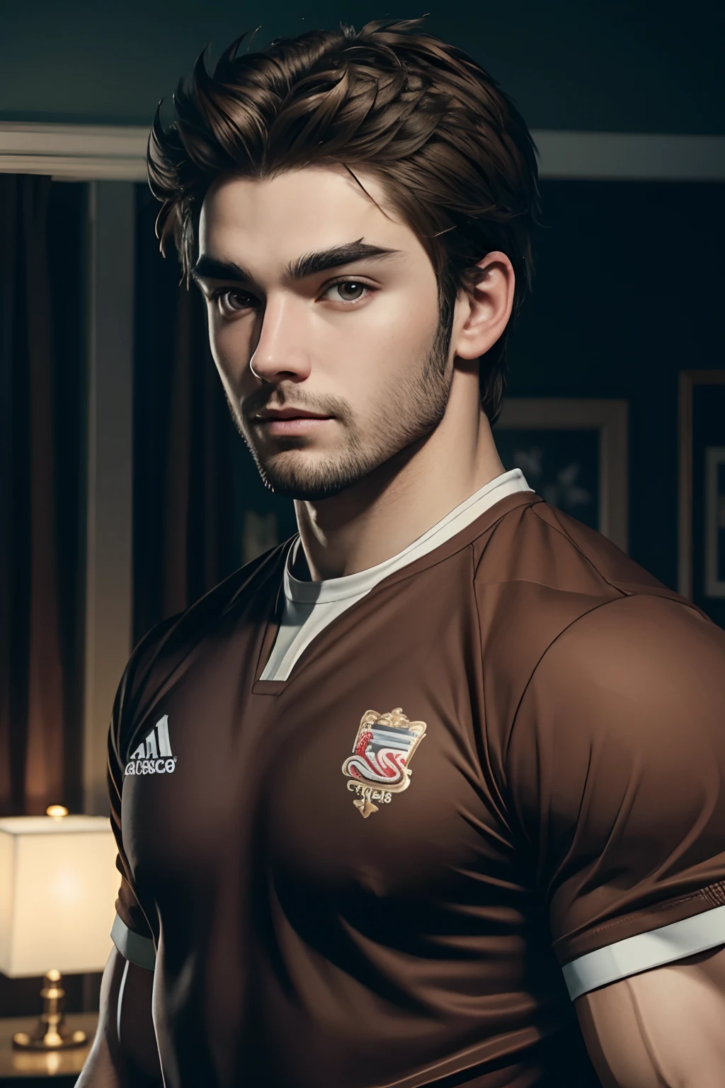 masterpiece, best quality, game cg, 1boy, solo, male focus, looking at viewer, upper body, , , brown hair, brown eyes, rugby shirt, , ,